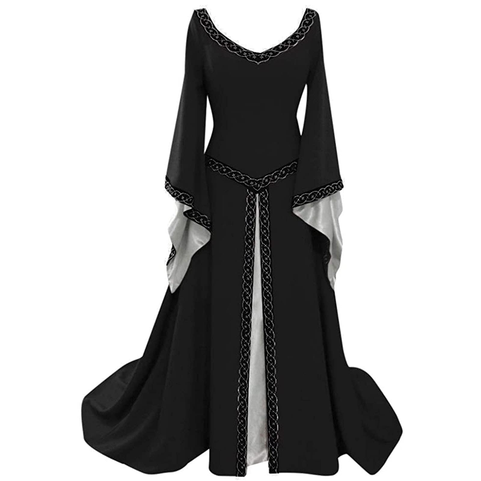 Bidobibo Gothic Dress for Women - Long Sleeve Medieval Style Solid Color Halloween Costume | Floor Length Elegant Dress for Cosplay, Renaissance Fairs & Gothic Parties