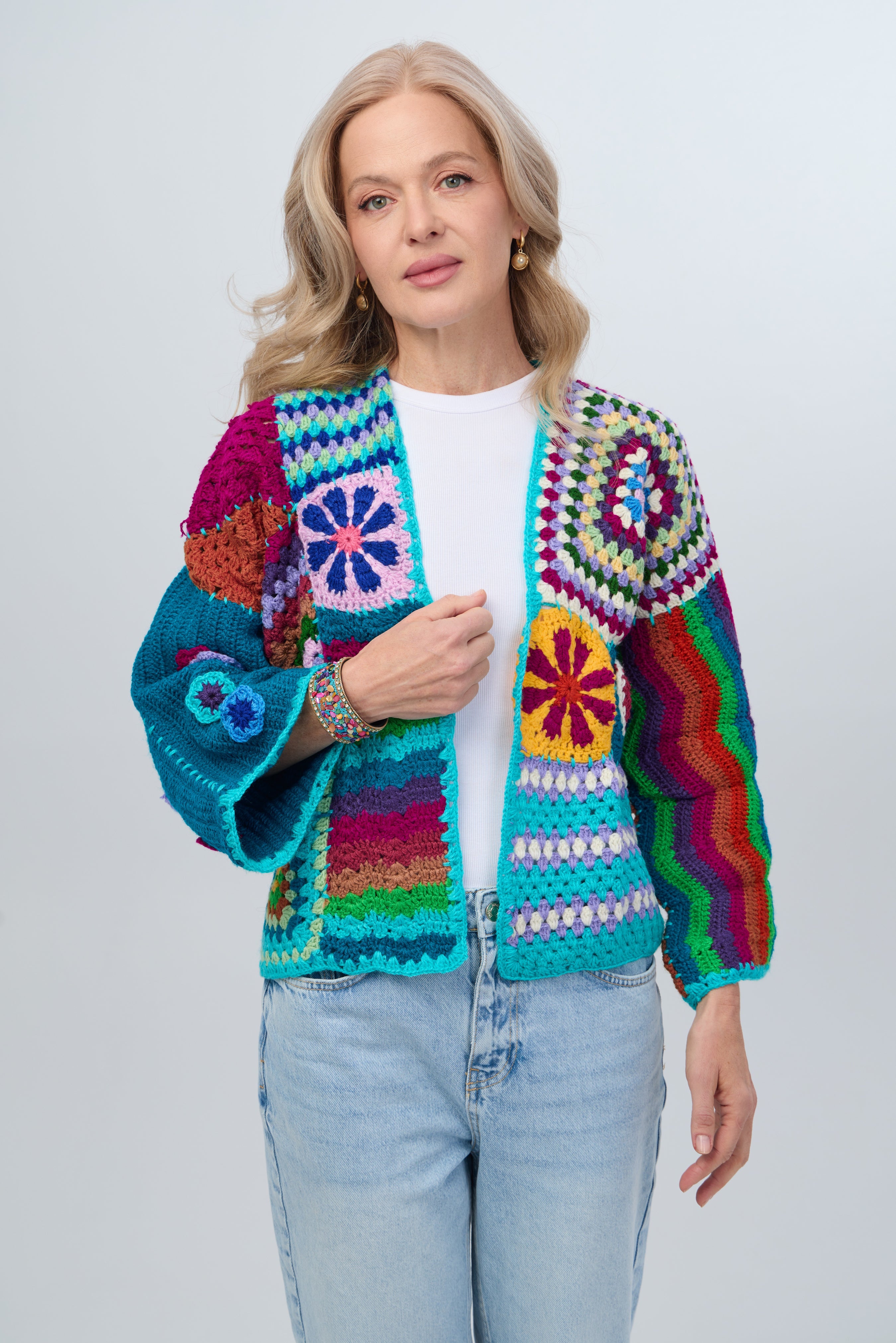Vibrant Multi-Pattern Crochet Cardigan for Women - Boho Chic Lace Knit Sweater | Perfect for Fall Layering, Coffee Dates & Cozy Evenings