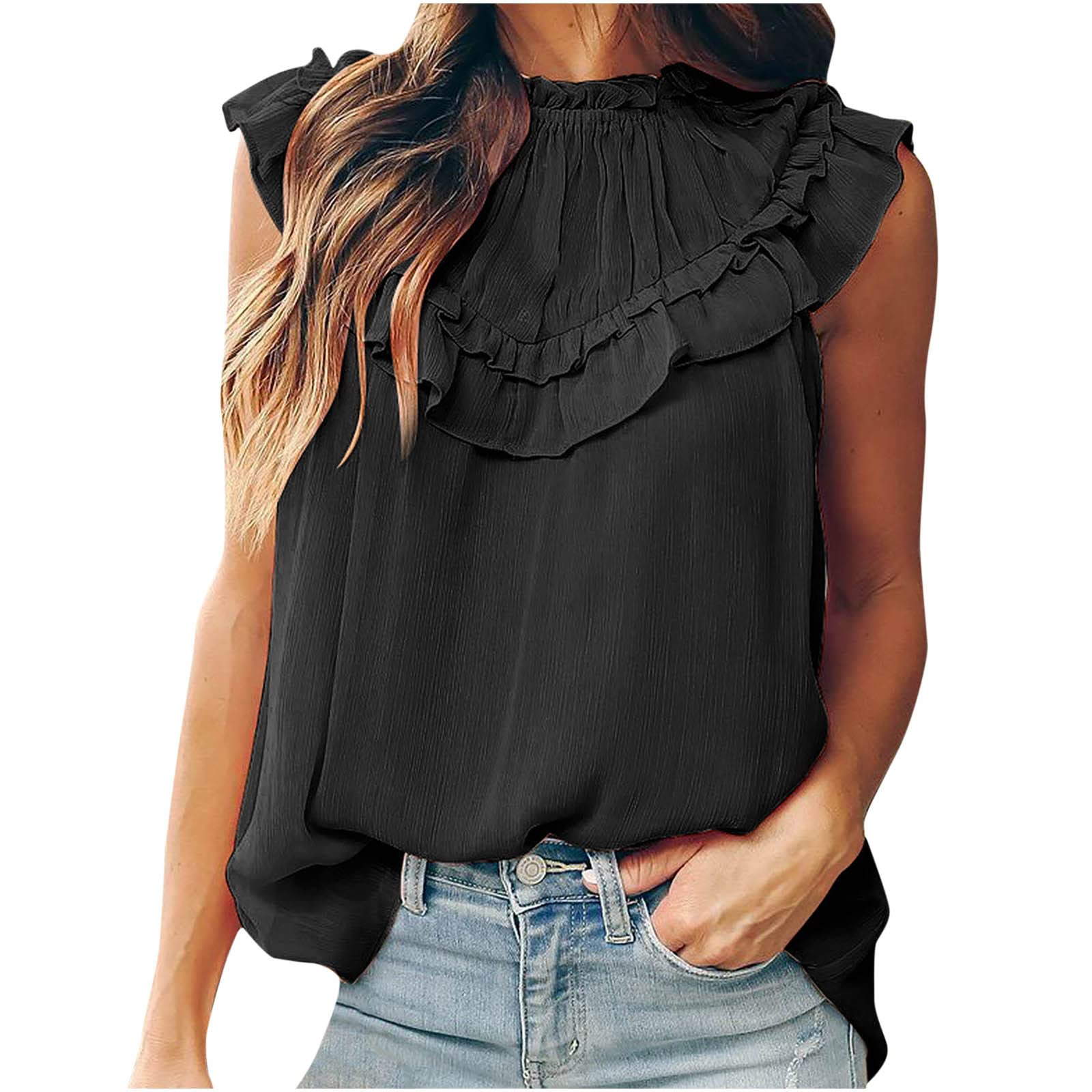 Women's Business Casual Tops - Summer Sleeveless Chiffon Blouse with Ruffle Detail & Mock Neck | Flowy Solid Color Shirts for Office Wear, Date Night & Summer Outfits