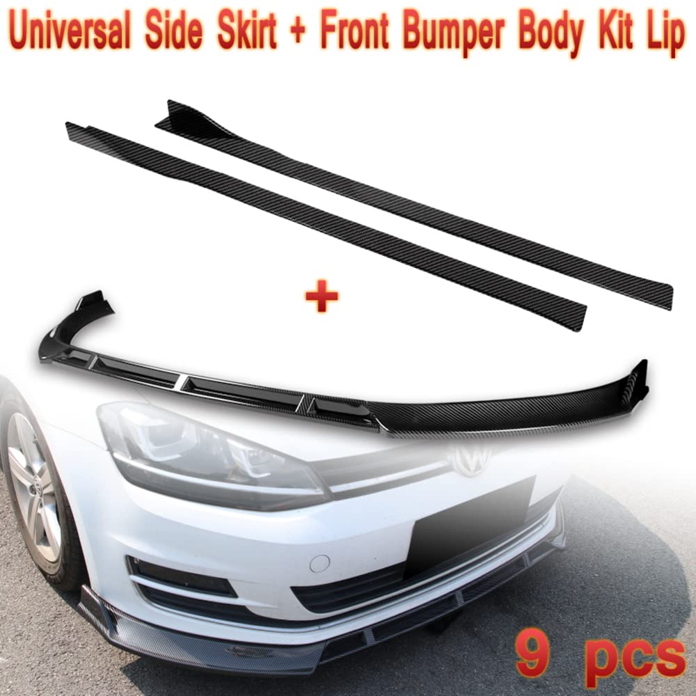 Q1-Tech 9-Piece Front Bumper Lip Kit & Side Skirt Extensions Diffuser Set for 2014-2017 Volkswagen Golf MK7 - ABS Spoiler Air Chin Body Splitter in Painted Carbon Fiber Color - Enhance Style & Aerodynamics for Street Racing & Car Shows
