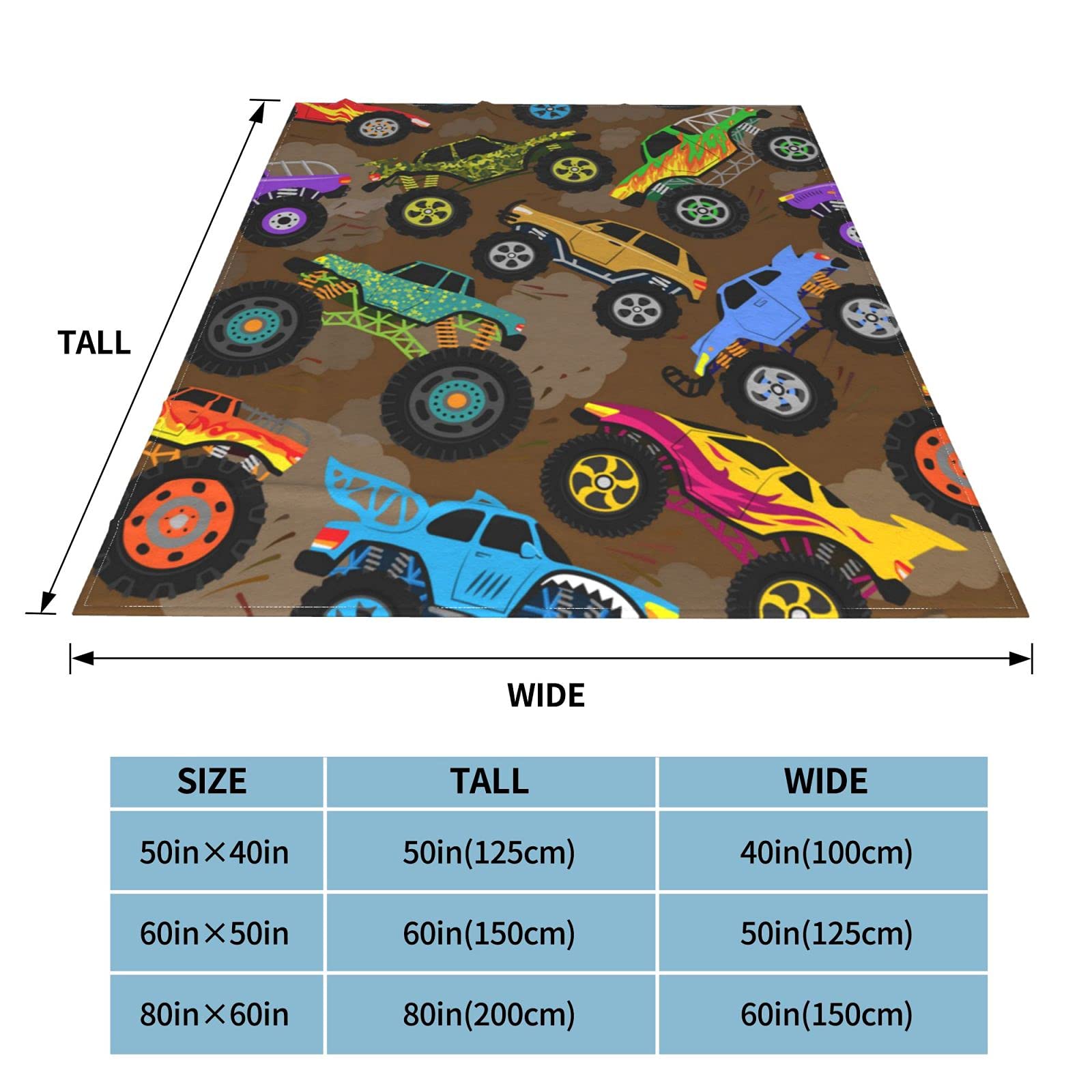 Monster Truck Cartoon Fleece Blanket - Soft Microfiber Anti-Pilling Fuzzy Bed Blanket for Boys 50