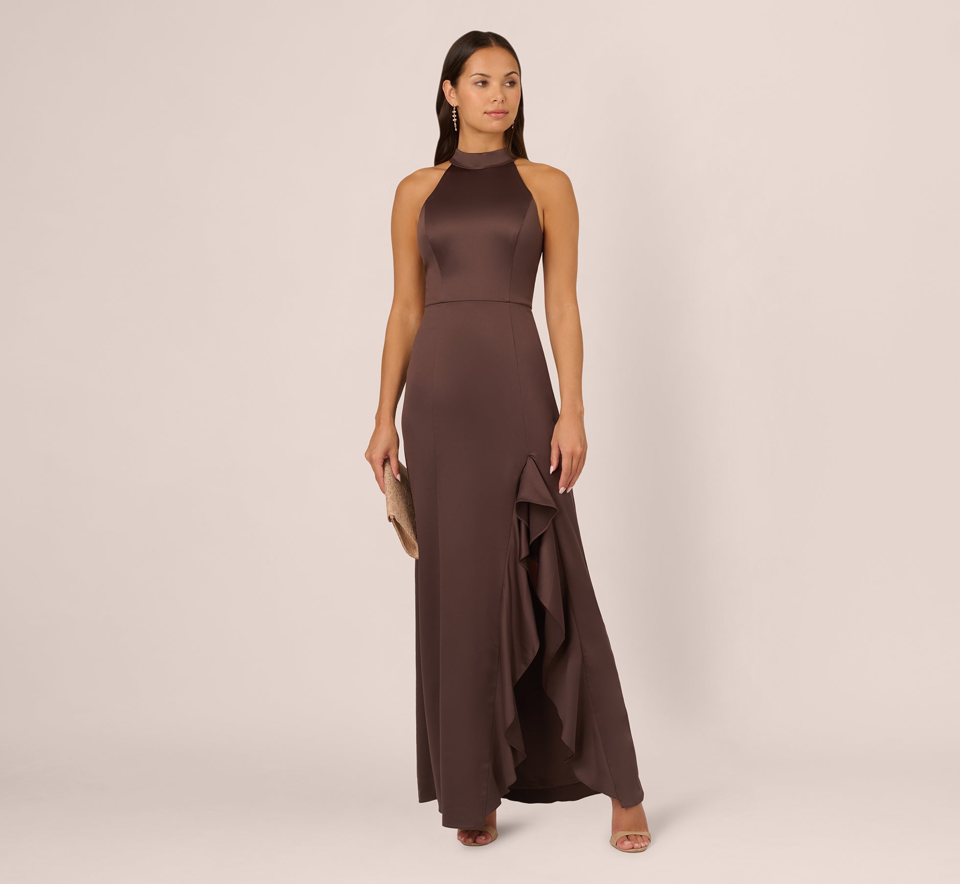 Elegant Dark Brown Satin Halter Mermaid Gown with Ruffle Trim - Perfect for Evening Galas, Prom Nights & Formal Events