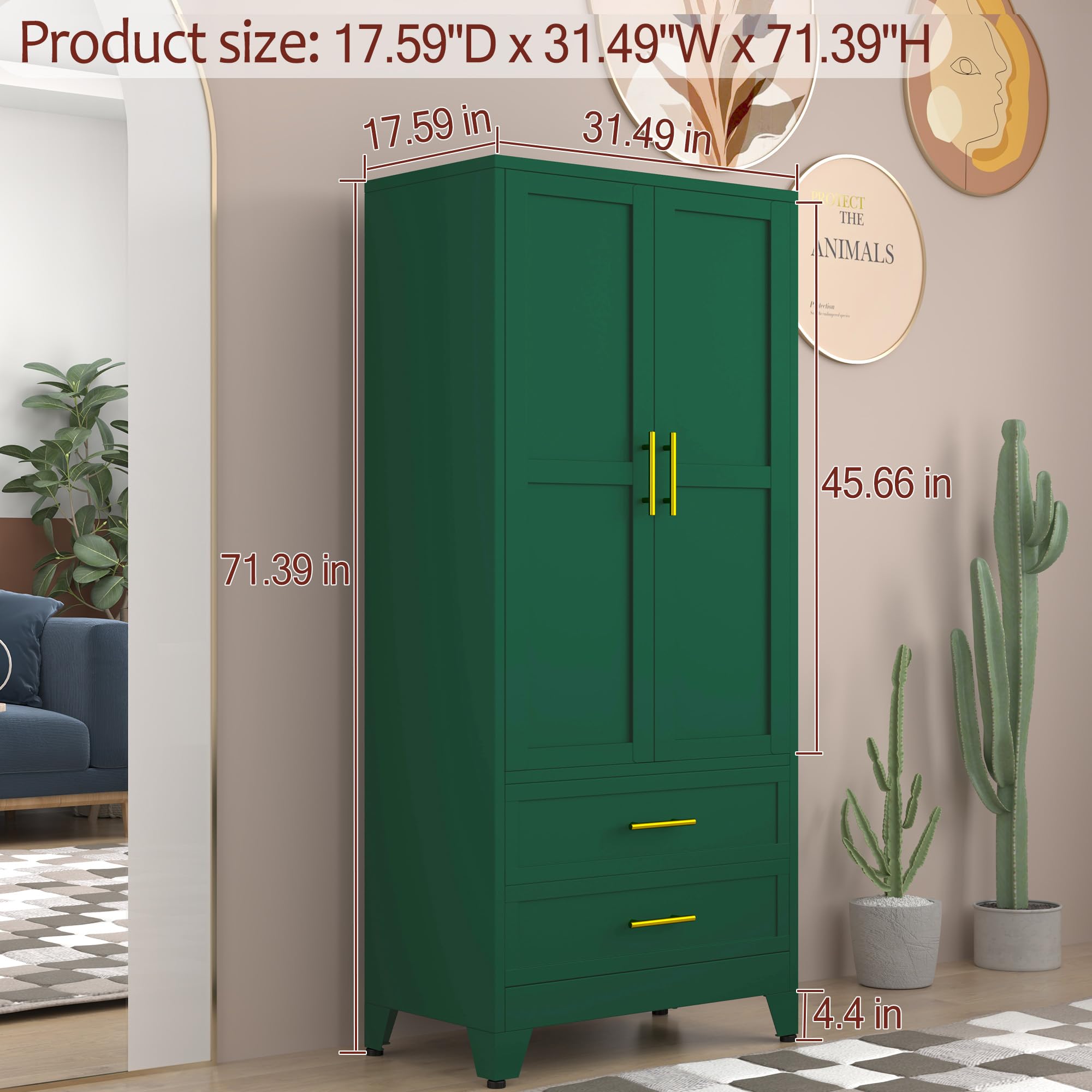 Metal Armoire Wardrobe Closet with 2 Drawers & Hanging Rod - 71