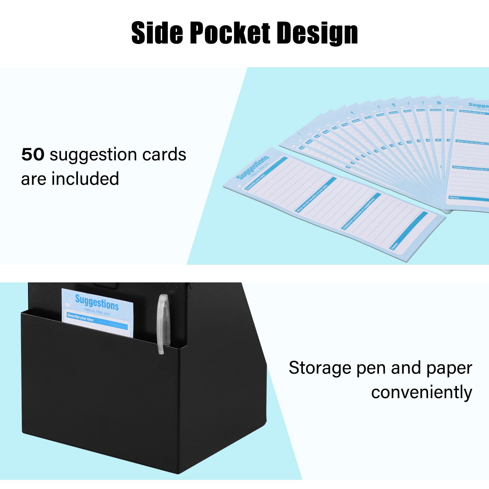 Wall Mountable Locking Suggestion Box with Key - Secure Donation Box, Voting Ballot Box, Collection Drop Box - Includes 50 Free Suggestion Cards - 7.1