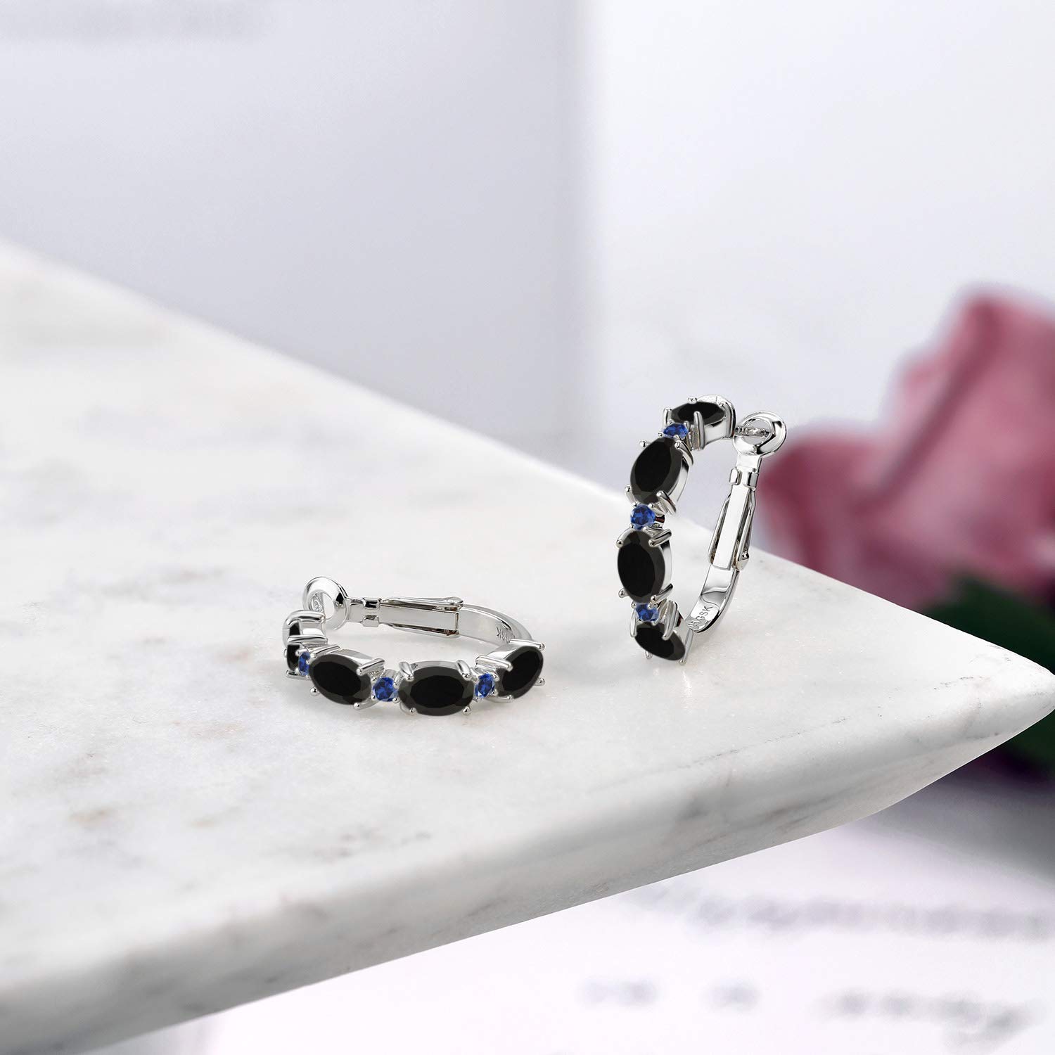 Gem Stone King 3.47 Ct Oval Black Onyx & Blue Created Sapphire 925 Sterling Silver Hoop Earrings for Women - Elegant Jewelry Gift for Birthday, Anniversary & Special Occasions
