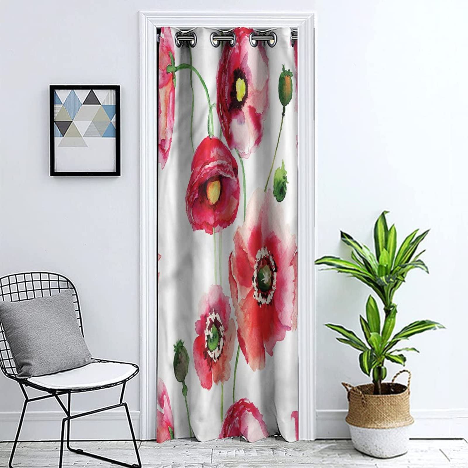 Blackout Doorway Curtains for Closet & Kitchen - 42x80 Inch Watercolor Floral Privacy Door Curtain with Artistic Poppies Print, 1 Panel Room Divider for Storage Spaces & Bedroom Decor | Light Blocking & Stylish Home Solution