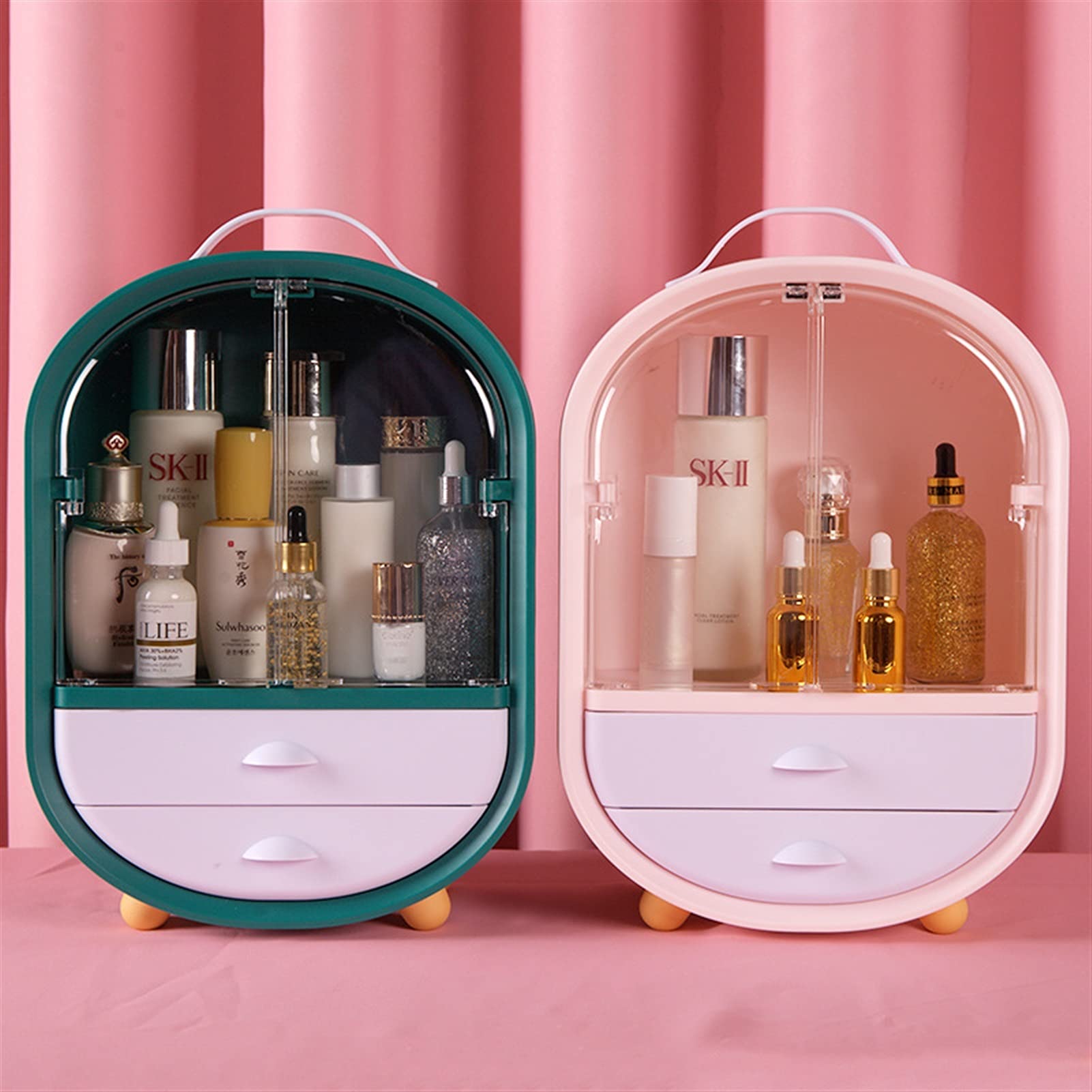 Green Cosmetic Storage Box & Jewelry Organizer - Desktop Makeup Brush Holder & Finishing Cabinet for Vanity, Bathroom, and Travel Use