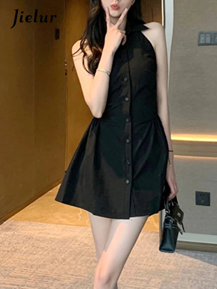 Black Halter Polo Neck Women's Shirt Dress - Slim Waist Sleeveless Solid Color Single Breasted Office Dress for Women | Perfect for Business Casual, Workwear & Summer Outfits