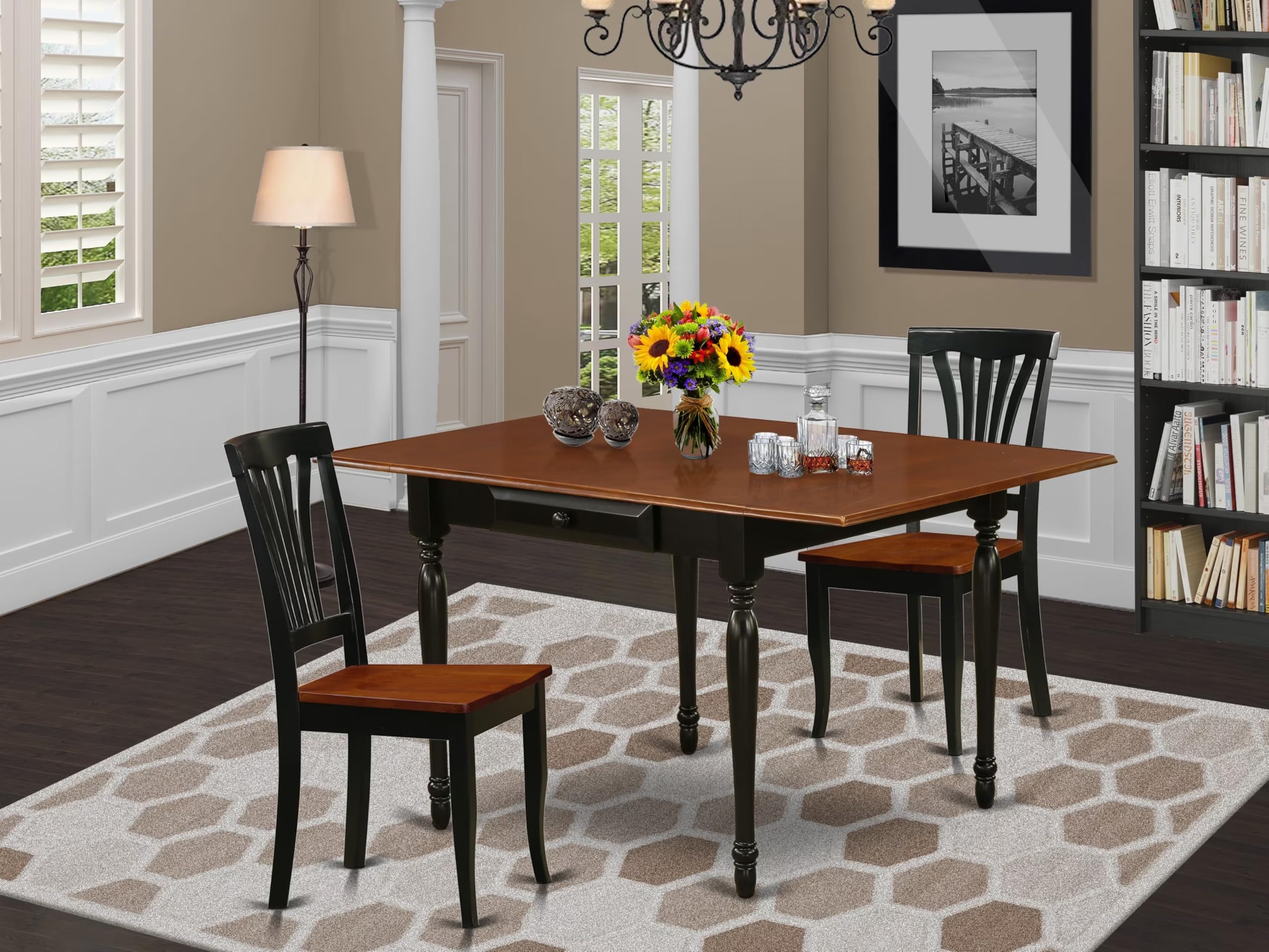 East West Furniture MZAV3-BCH-W 3-Piece Small Space Dinette Set with Drop-Leaf Rectangular Dining Table & 2 Kitchen Chairs, 36x54 Inches, Black Cherry Finish - Perfect for Apartments, Breakfast Nooks & Cozy Dining Areas