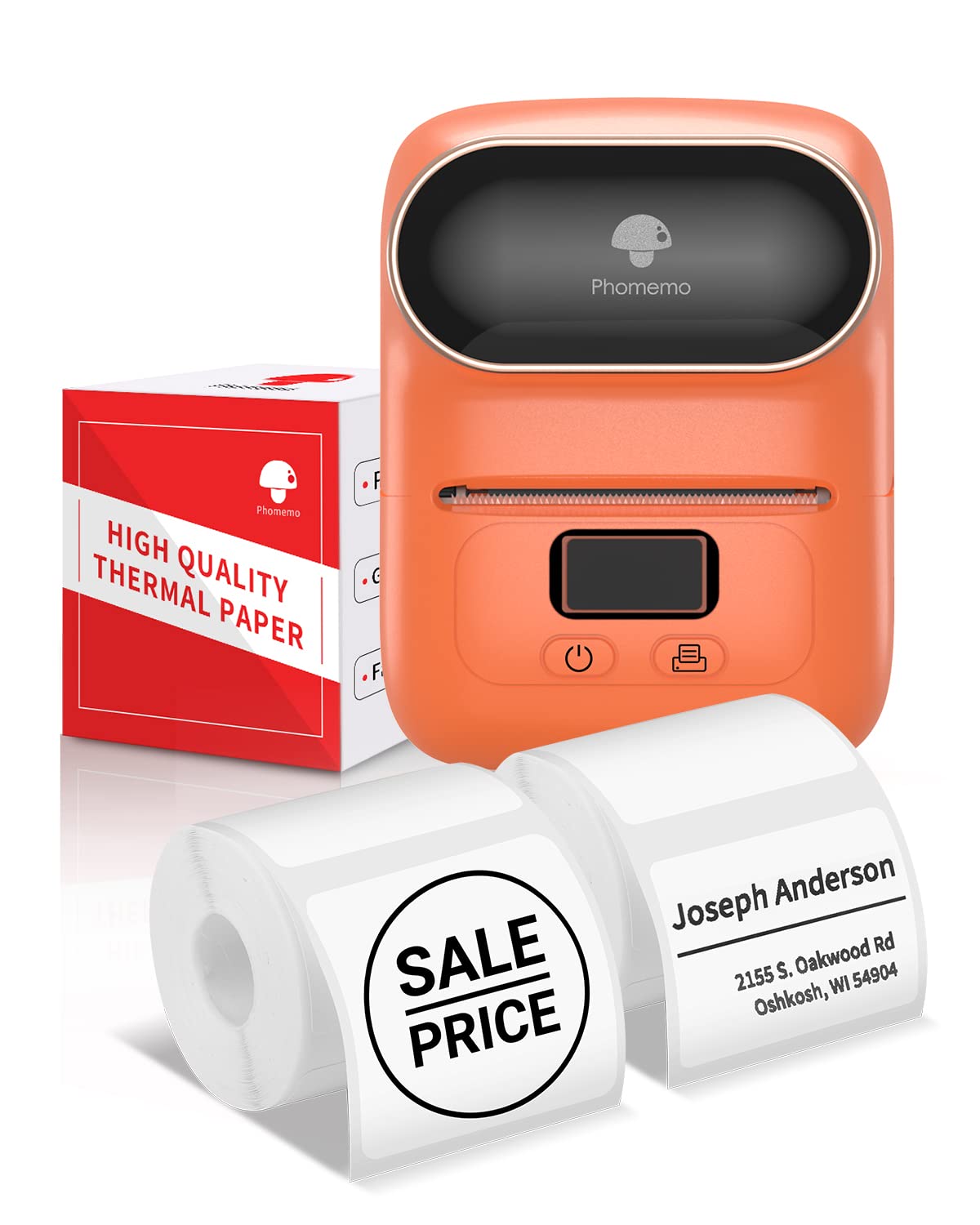 Phomemo M110 Thermal Bluetooth Barcode Label Printer - 50×50mm Sticker Printer for Retail, Shipping, Jewelry & Cable Labeling - Compatible with Android & iOS (Orange) - Perfect for Small Business & Home Organization