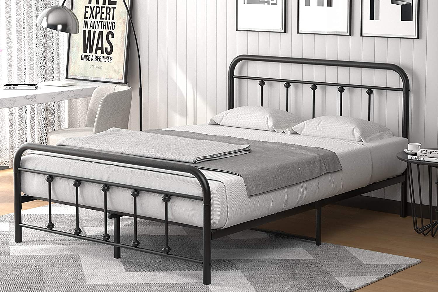 **Vintage Black Metal Platform Bed Frame Full Size - Sturdy All-Metal Mattress Foundation with Headboard & Footboard, No Box Spring Needed, Easy Assembly - Perfect for Modern & Industrial Bedroom Decor**