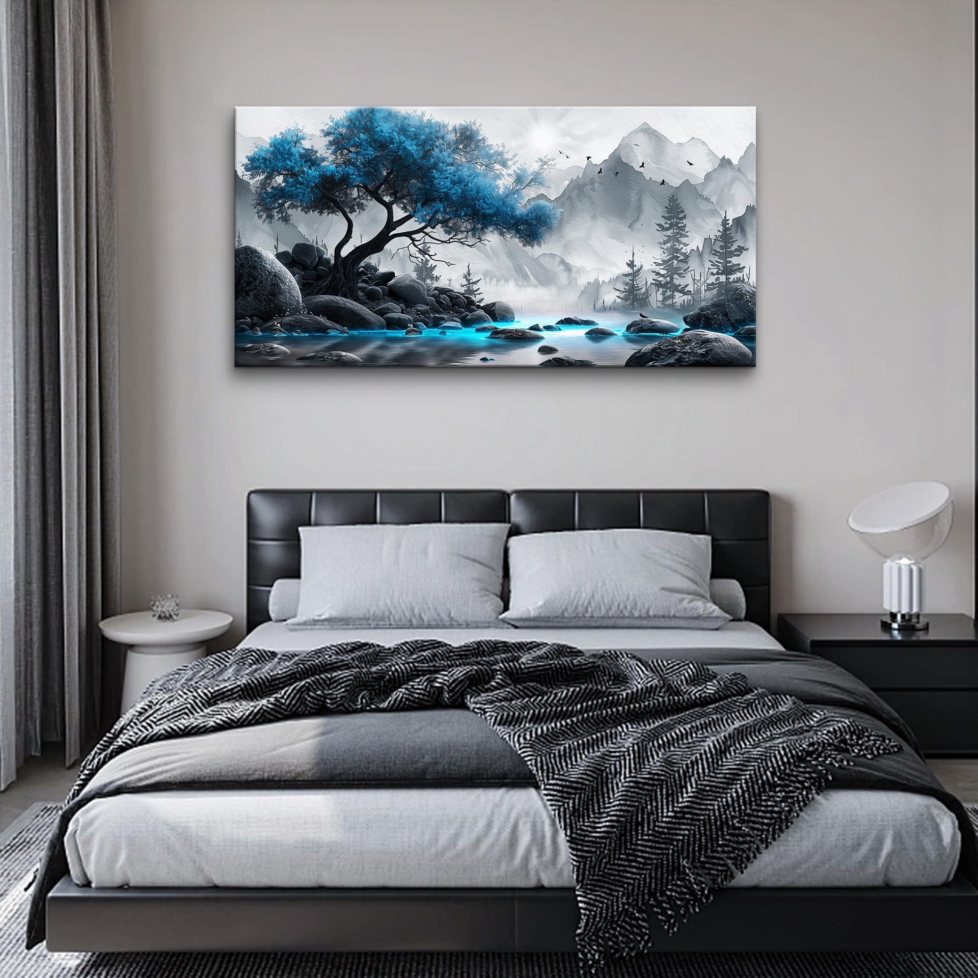 Lapremoly Large Canvas Wall Art - Black and White Blue Tree Landscape Painting for Living Room, Bedroom, Office & Hotel Decor | Modern Home Wall Decorations & Posters