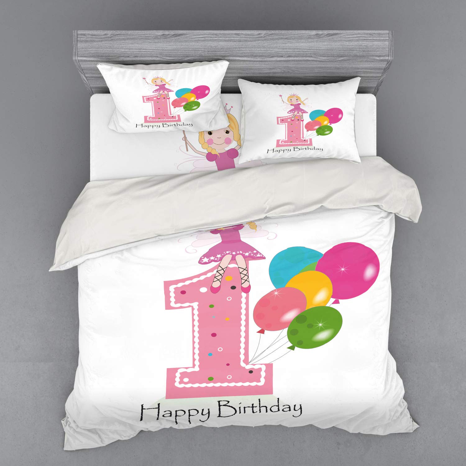 Ambesonne 1st Birthday Duvet Cover Set - Cartoon Party Theme with Pink Wand & Balloons - 4 Piece King Size Bedding Set with Shams & Fitted Sheet - Pale Pink & Lilac - Perfect for Baby's First Birthday Party Decorations & Nursery Room