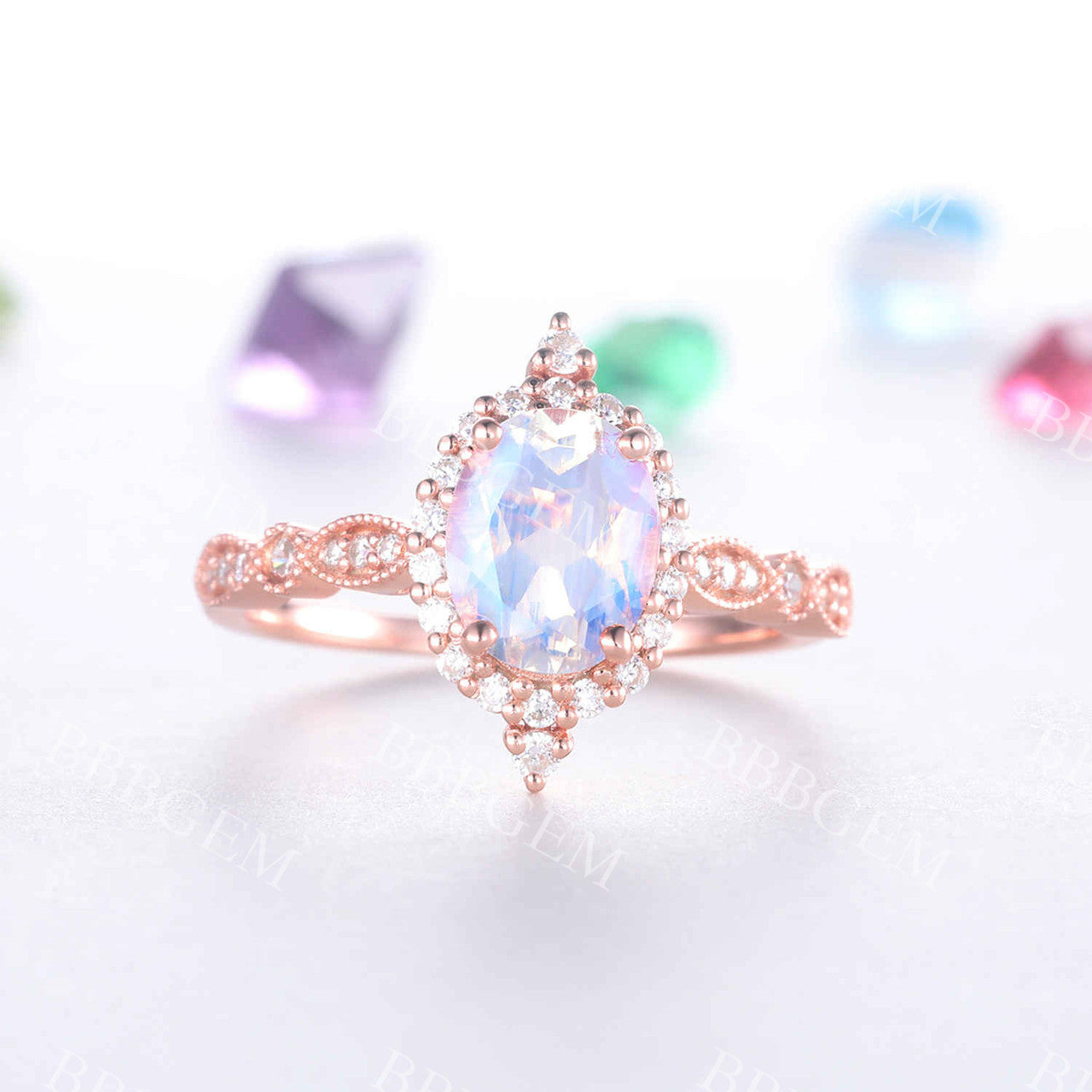Vintage Rose Gold Moonstone Engagement Ring with Floral Halo Diamond - Elegant Bridal Promise Ring for Wedding, Proposal & Anniversary Gifts