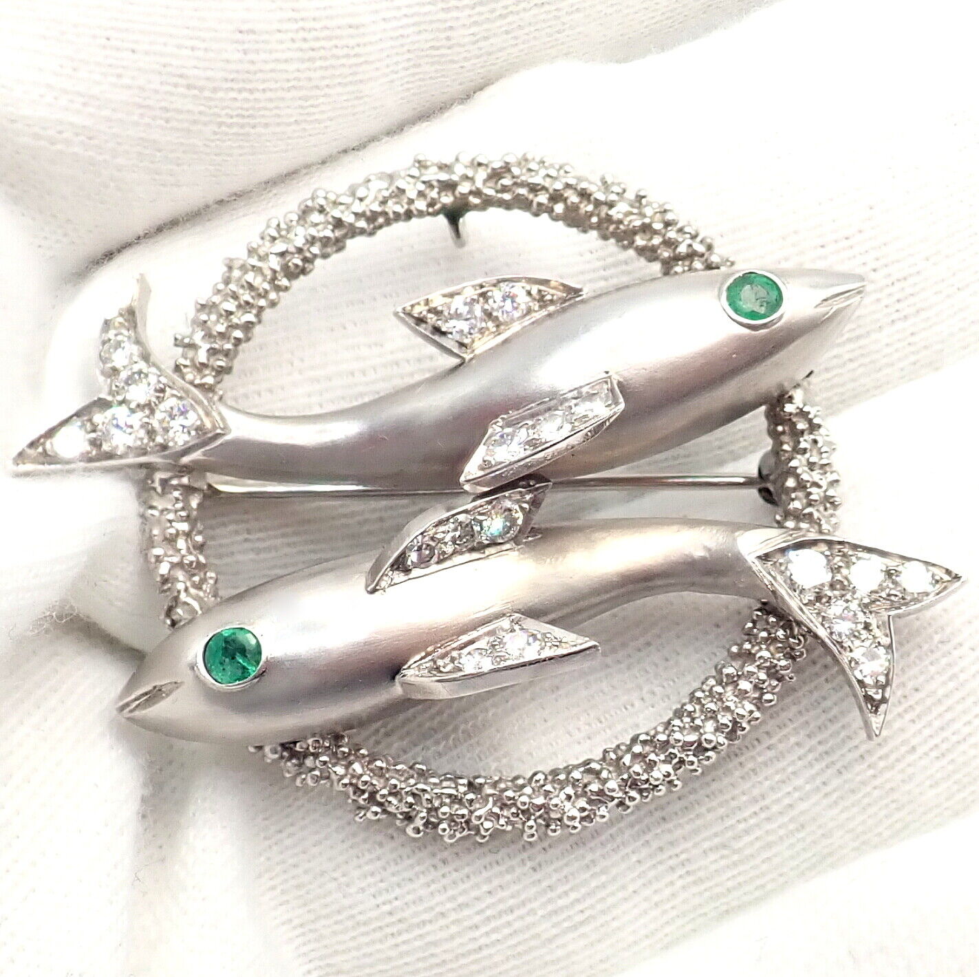 Cartier 18k White Gold & Platinum Diamond Emerald Zodiac Pisces Fish Brooch Pin - Luxury Jewelry Gift for Women, Perfect for Special Occasions & Collectors