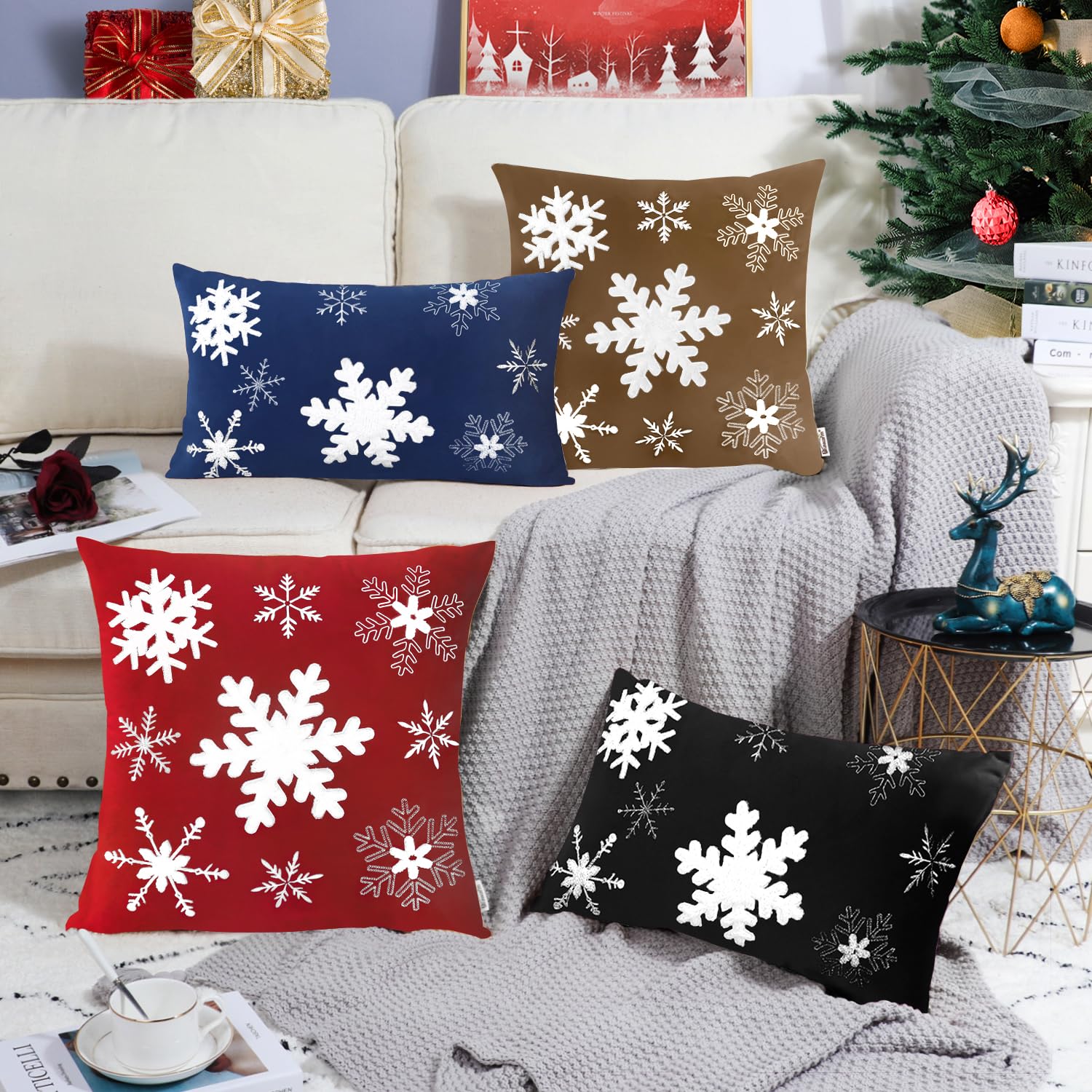 BRAWARM 18x18 Inch Christmas Snowflake Embroidered Velvet Pillow Cover - Soft Decorative Brown Throw Pillow for Couch, Bed, Sofa | Perfect for Living Room, Home Decor & Holiday Gift Giving