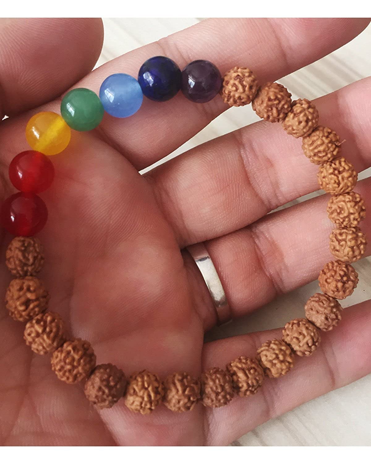 7 Chakra Healing Prayer Bracelet with Rudraksha Stones - Reiki Energy Balancing Unisex Yoga Meditation Jewelry for Women & Men - 8mm Beaded Anxiety Relief Bracelet for Spiritual Wellness, Mindfulness Practice and Stress Reduction