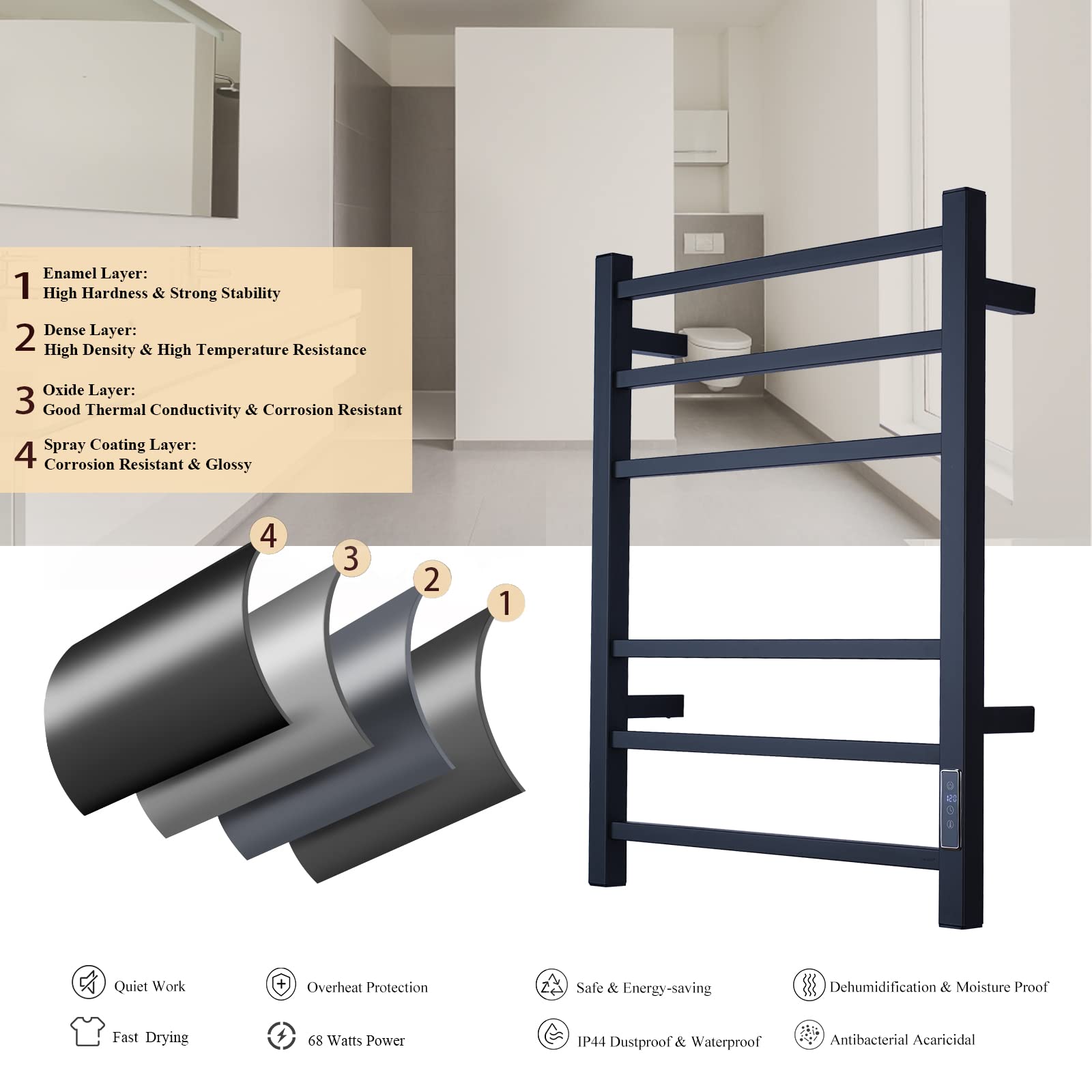 ETW13C Electric Heated Towel Rack - Wall Mounted Bathroom Towel Warmer with Built-in Timer, Black - Perfect for Spa, Luxury Bathroom & Home Comfort