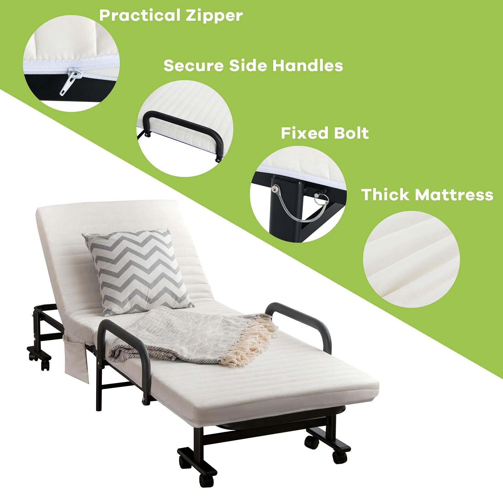 KOTEK Foldable Single Bed with Mattress - Portable Guest Bed with Storage Bag & Lockable Wheels - Compact Rollaway Cot for Camping, Office Nap, Home Use & Travel (White)
