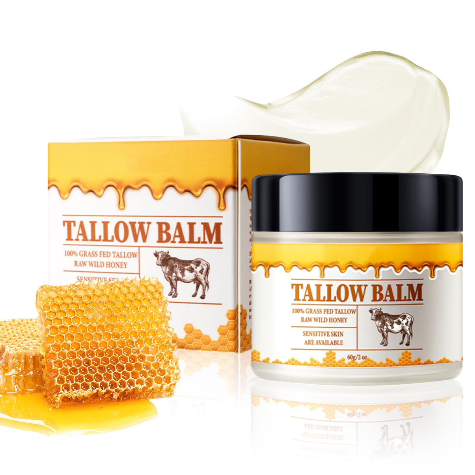 Premium Beef Tallow & Honey Balm - Natural Moisturizer for Face & Body Care - 2 oz