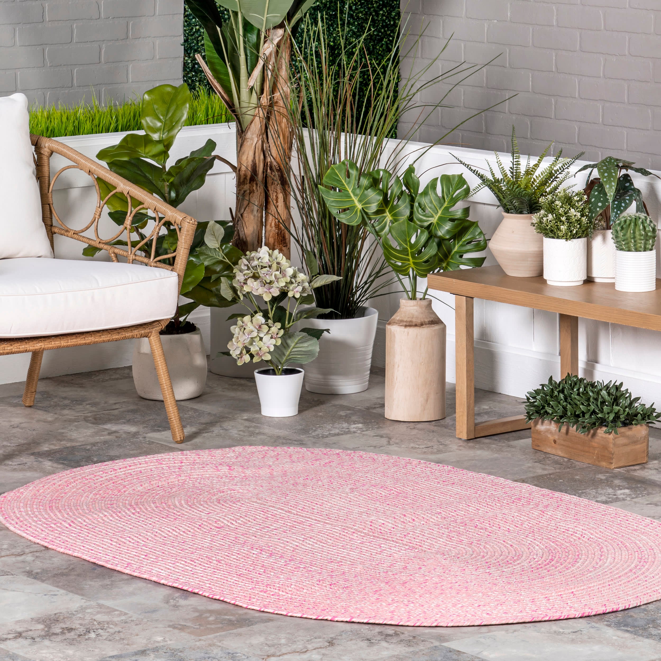 Hand Braided Indoor/Outdoor Area Rug - Soft Pink Bohemian Style Floor Mat for Living Room, Bedroom, Patio & Deck Decor