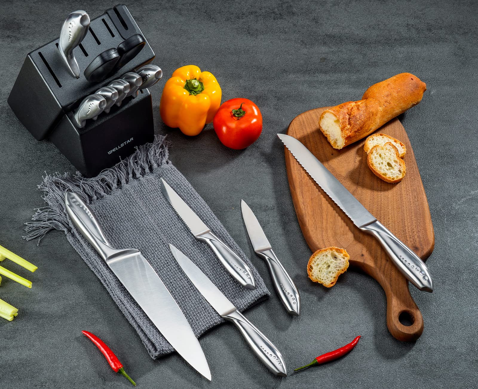 WELLSTAR 14-Piece German Stainless Steel Knife Set with Wooden Block - Ultra Sharp Kitchen Knives, Durable All Stainless Steel Handle, Includes Chef Knife, Scissors & Built-in Sharpener - Perfect for Home Cooking, Professional Chefs & Gift Giving