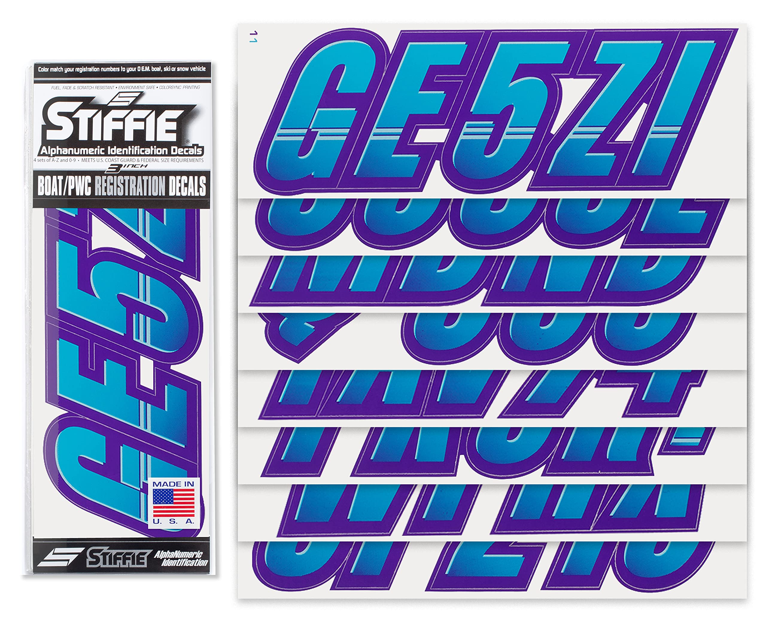 STIFFIE Techtron Sky Blue/Purple 3 Inch Boat & PWC Registration Numbers Decals - Durable Vinyl Letter Stickers for Watercraft, Jet Ski, Kayak & Marine Vessel Identification