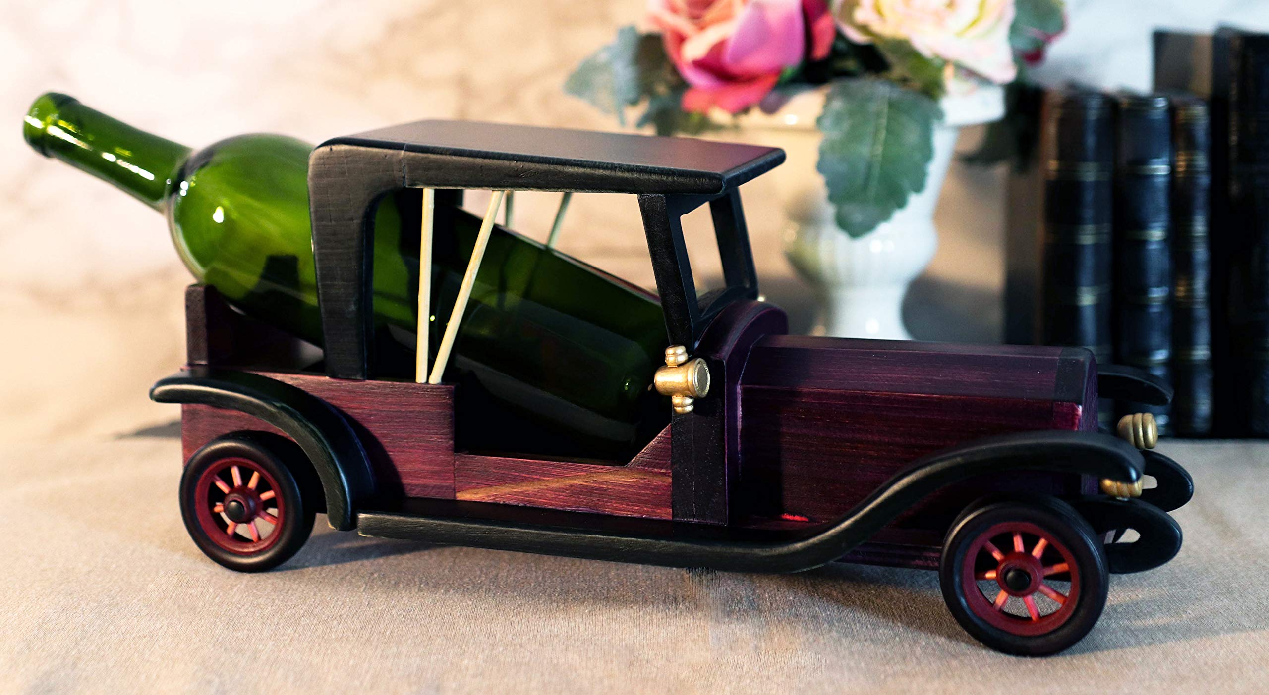 Handcrafted Vintage Antique Style Wooden Automotive Wine Bottle Holder - Classic Purple Model T Sedan Car Figurine | Perfect for Wine Storage, Home Bar Decor & Collector's Display