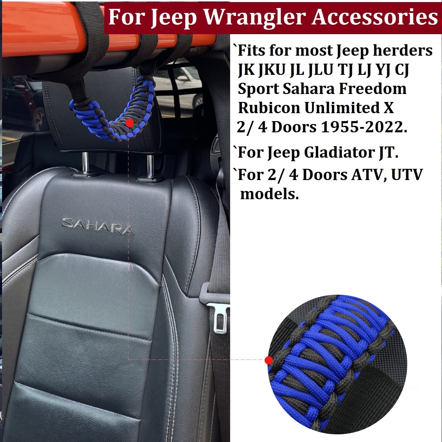 Jeep Wrangler Roll Bar Grab Handles (4PCS) - Compatible with Jeep Wrangler YJ TJ JK JKU JL JLU 1955-2023 & Gladiator JT - Durable Woven Door Assist Handles for UTV & ATV (Blue) - Perfect for Off-Roading, Camping & Outdoor Adventures