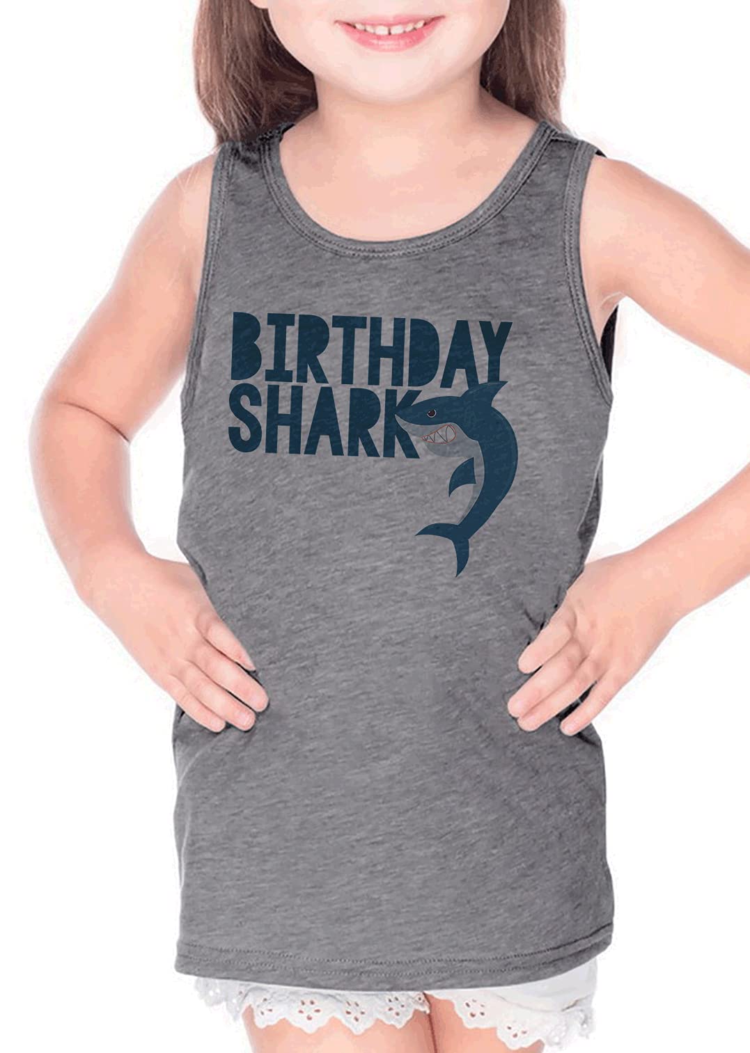 Kids Shark Birthday Tank Top - Soft Grey Cotton Toddler T-Shirt for Boys & Girls | Perfect for Birthday Parties, Beach Outfits & Summer Casual Wear