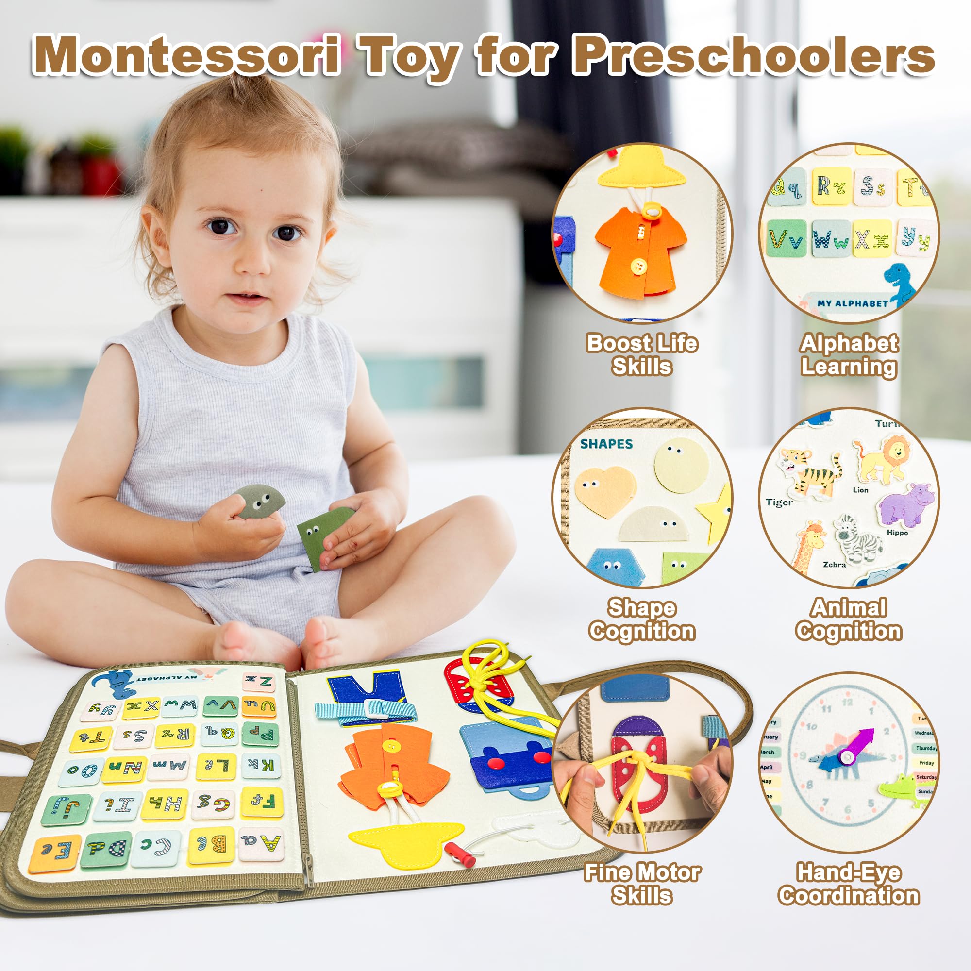 Montessori Busy Board Sensory Toys for Toddlers 3-6 Years - Travel & Autism Learning Toys for Boys & Girls - Educational Gifts for Birthday & Preschool - Perfect for Airplane, Car & Home Play (Beige)