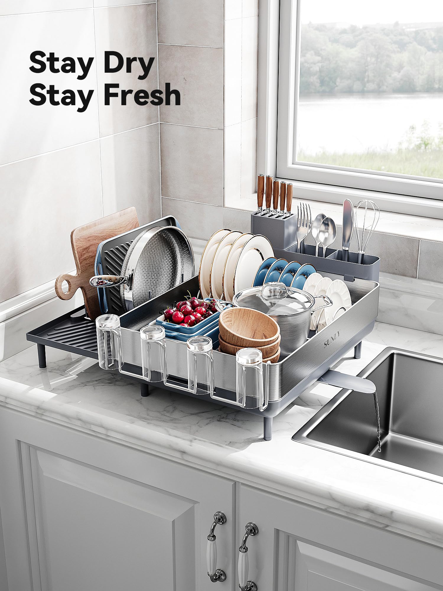 **SUNLY Large Expandable Dish Drying Rack - 304 Stainless Steel Space-Saving Kitchen Counter Drainer with Flip-Up Pegs | Perfect for Small Kitchens, Apartments & Dishwashing Organization**