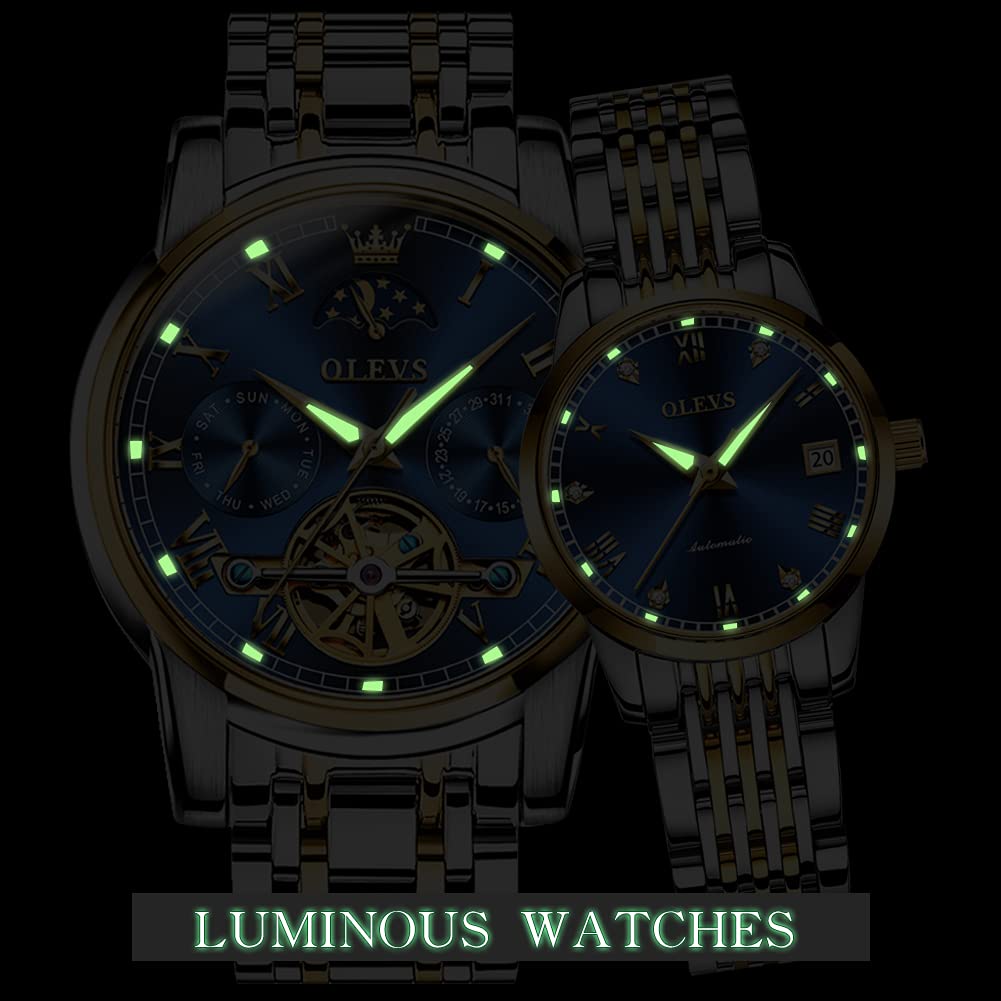 OLEVS Automatic Couple Watches for Men and Women - His and Hers Matching Mechanical Self-Winding Tourbillon Dress Watches with Day Date Calendar, Big Face, Two Tone - Perfect Anniversary Gift for Couples, Wedding, Valentine's Day & Special Occasions