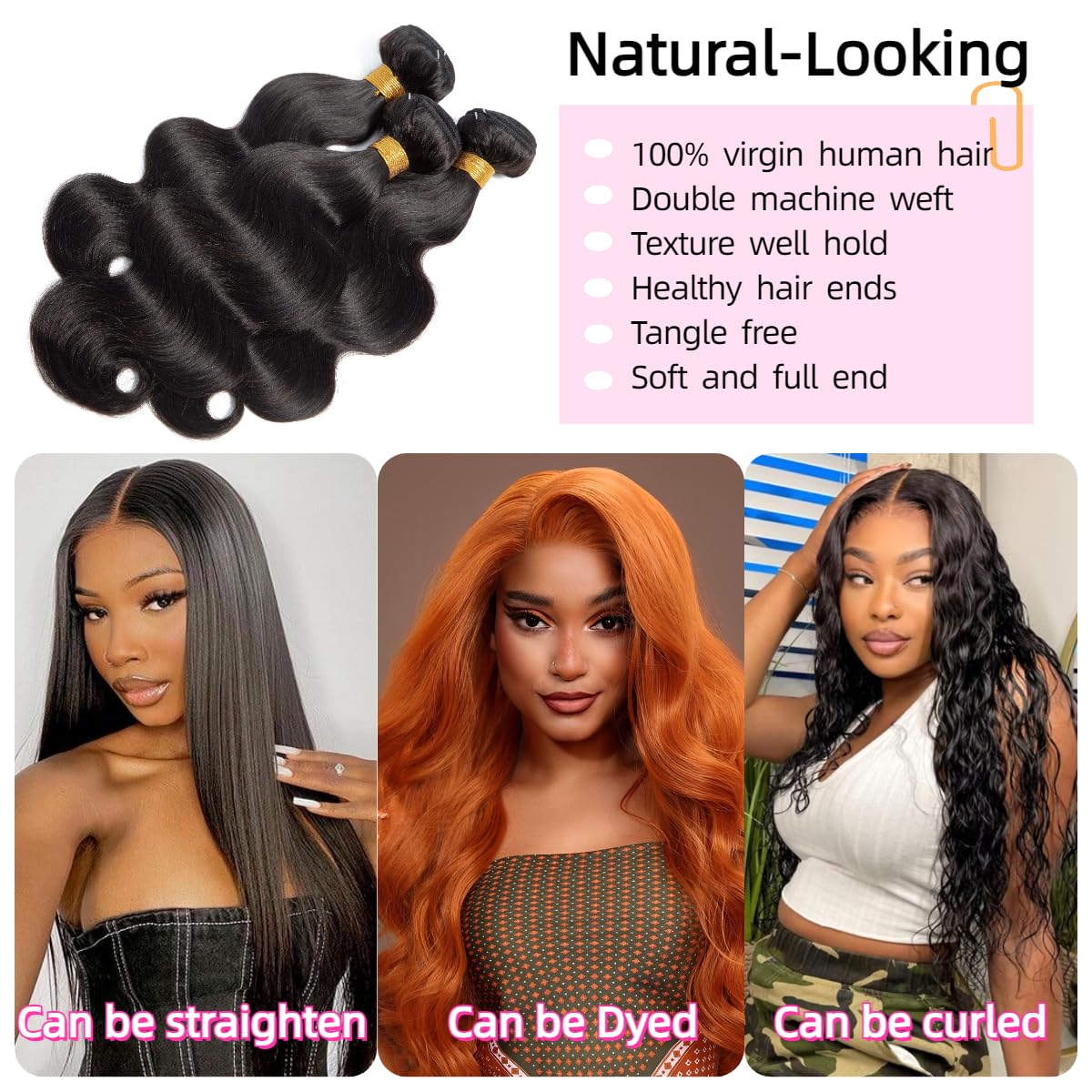 Brazilian Virgin Human Hair Bundles 3PCS 22 Inch Body Wave 100% Unprocessed Natural Black Hair Extensions for Women - Perfect for Daily Styling, Special Occasions & Protective Hairstyles