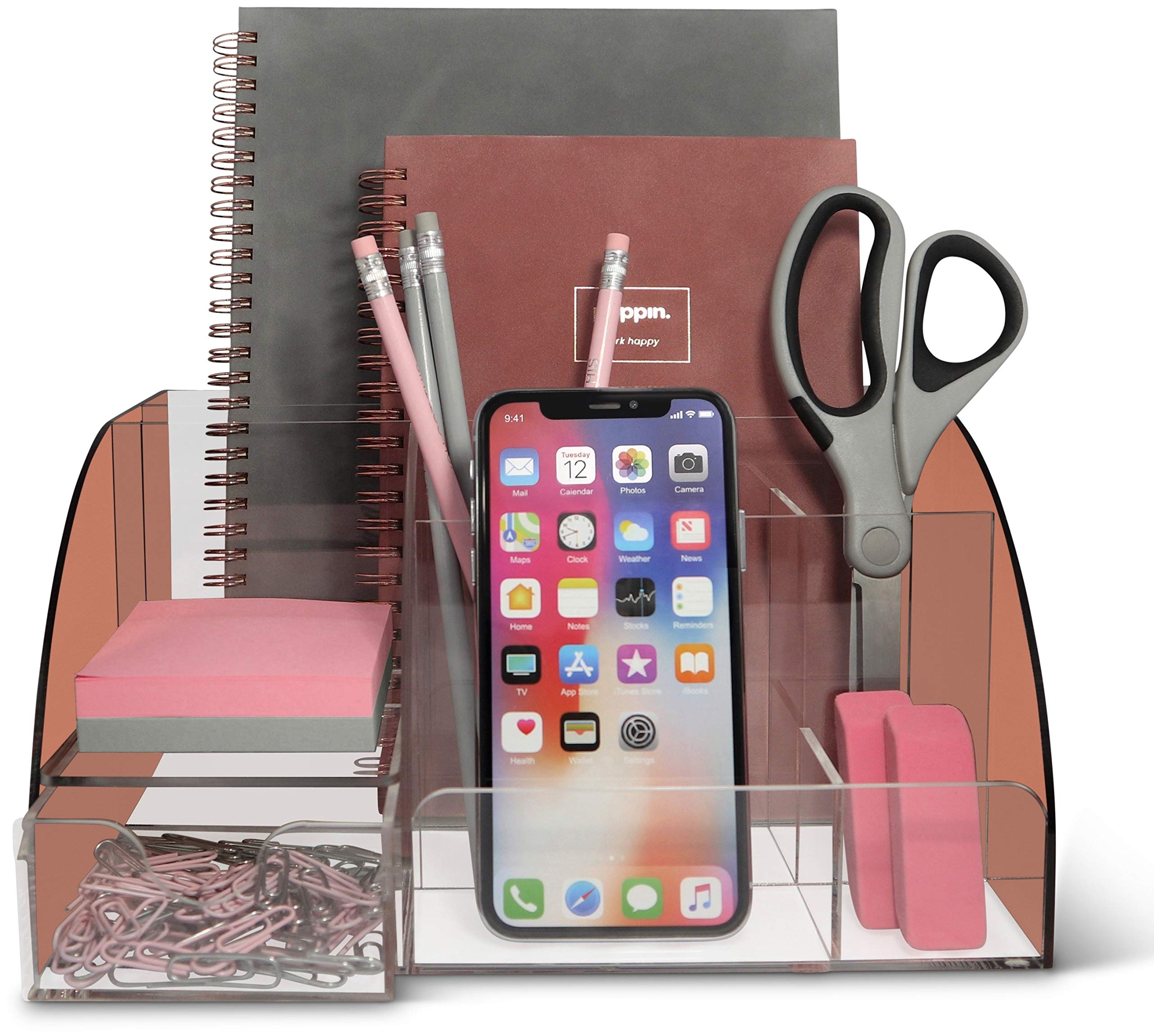 Rose Gold Acrylic Desk Organizer with 9 Compartments & Drawer - Pen Holder & Office Supplies Storage - Stylish Desktop Organization for Home & Office Workspace