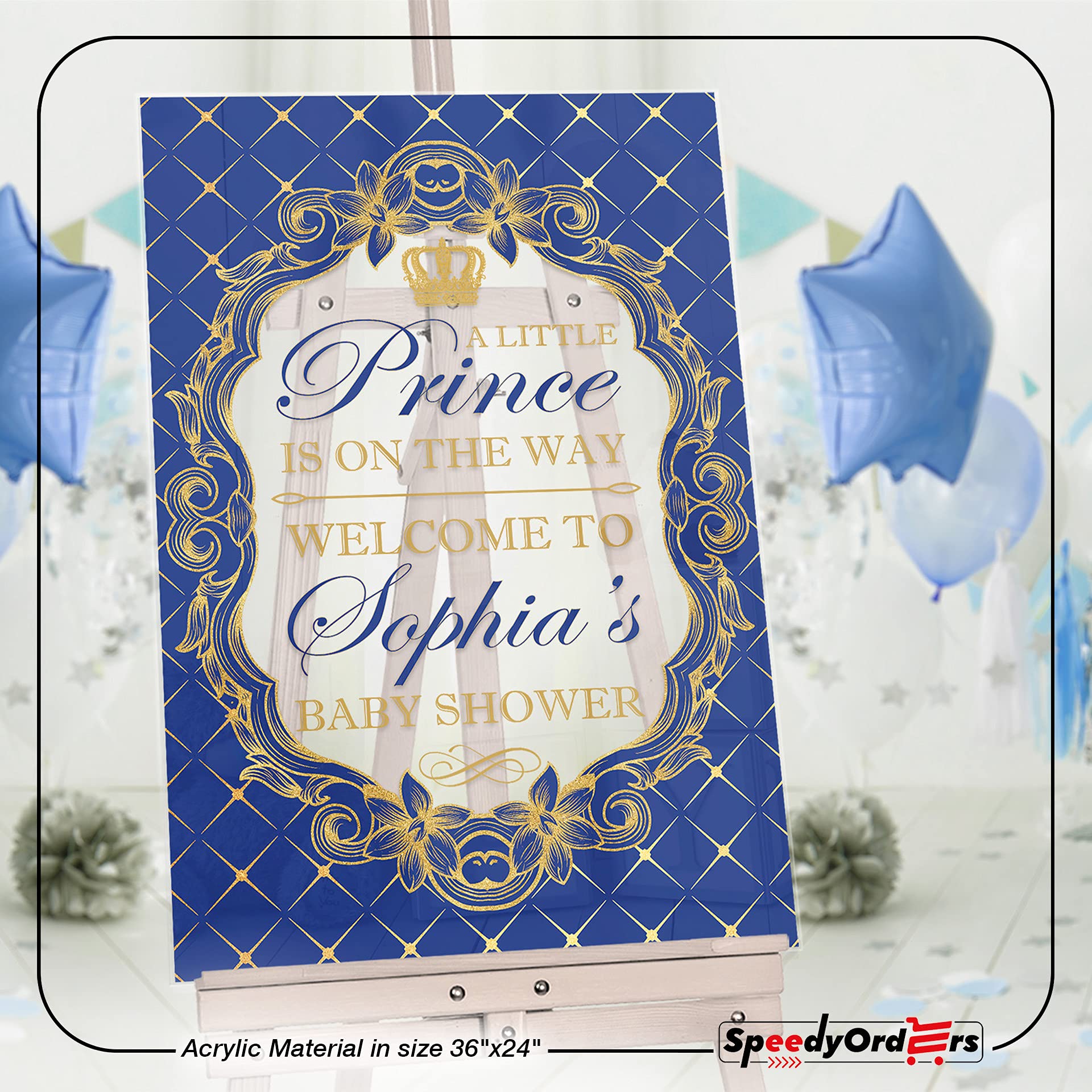 Royal Baby Welcome Sign - Blue & Gold Shower Backdrop for Little Prince Gender Reveal Party Decor | Acrylic Baby Shower Poster for Nursery, Birthday & Newborn Celebration
