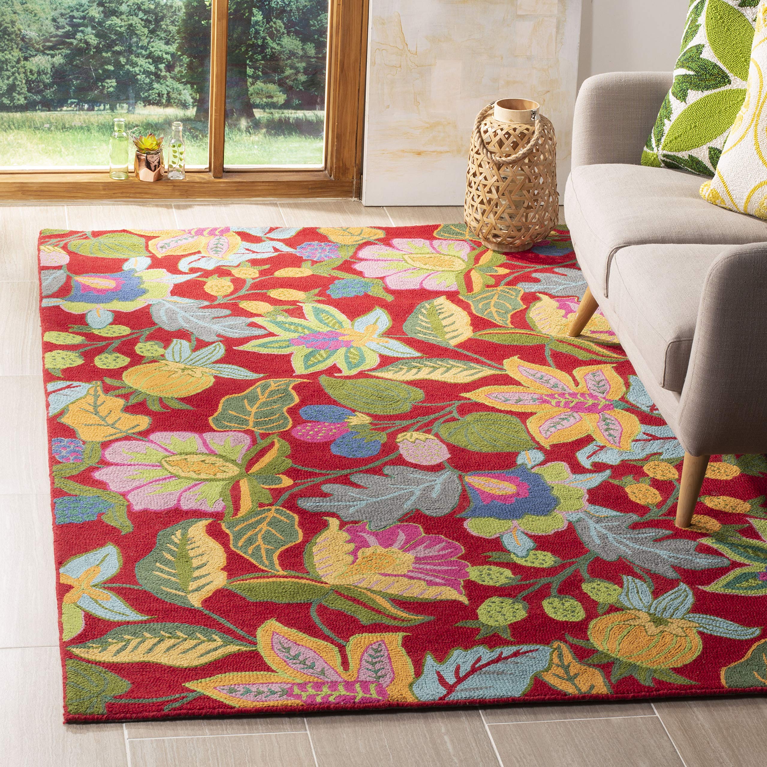 SAFAVIEH Jardin Collection 6' x 6' Square Red & Multicolor Floral Handmade Wool Area Rug - Perfect for Living Room, Bedroom, or Dining Room Decor