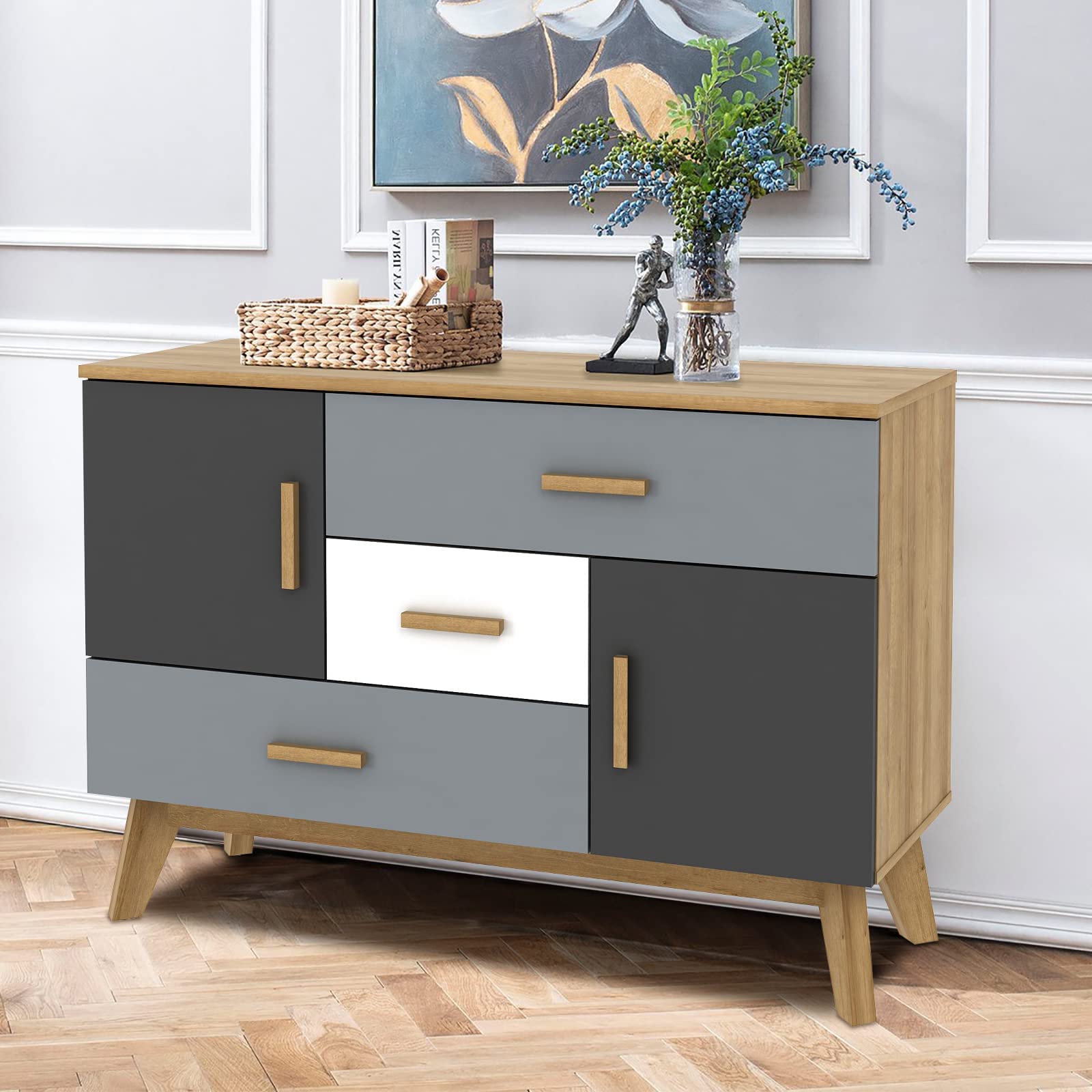 Giantex 47 Inch Free-Standing Floor Storage Cabinet with 2 Doors & 3 Drawers, Adjustable Shelf - Multifunctional Accent Dresser for Living Room, Entryway, Kitchen | Perfect for Home Organization, Bedroom Storage & Dining Room Sideboard