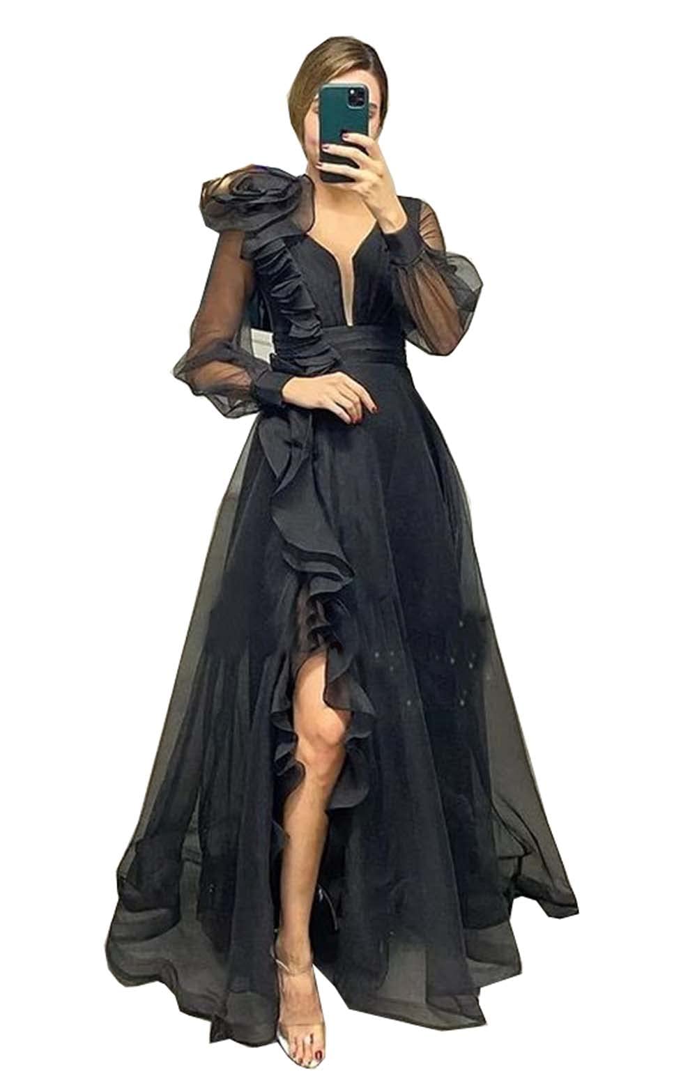Elegant Women's Long Sleeve Prom Dress with High Slit & 3D Floral Embroidery - Formal Evening Gown for Christmas Parties, Galas & Special Occasions