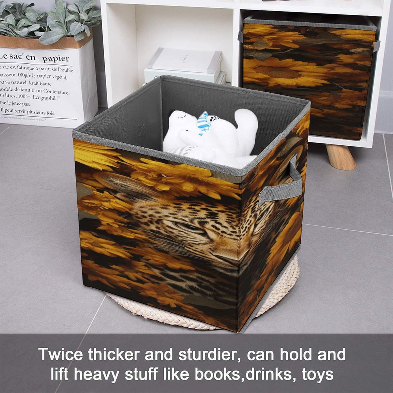 Collapsible Storage Cubes 10.6x10.6 Inches - Leopard & Sunflower Printed Foldable Bins with Handles for Home Organization | Perfect for Closet, Nursery, Office & Laundry Room Storage