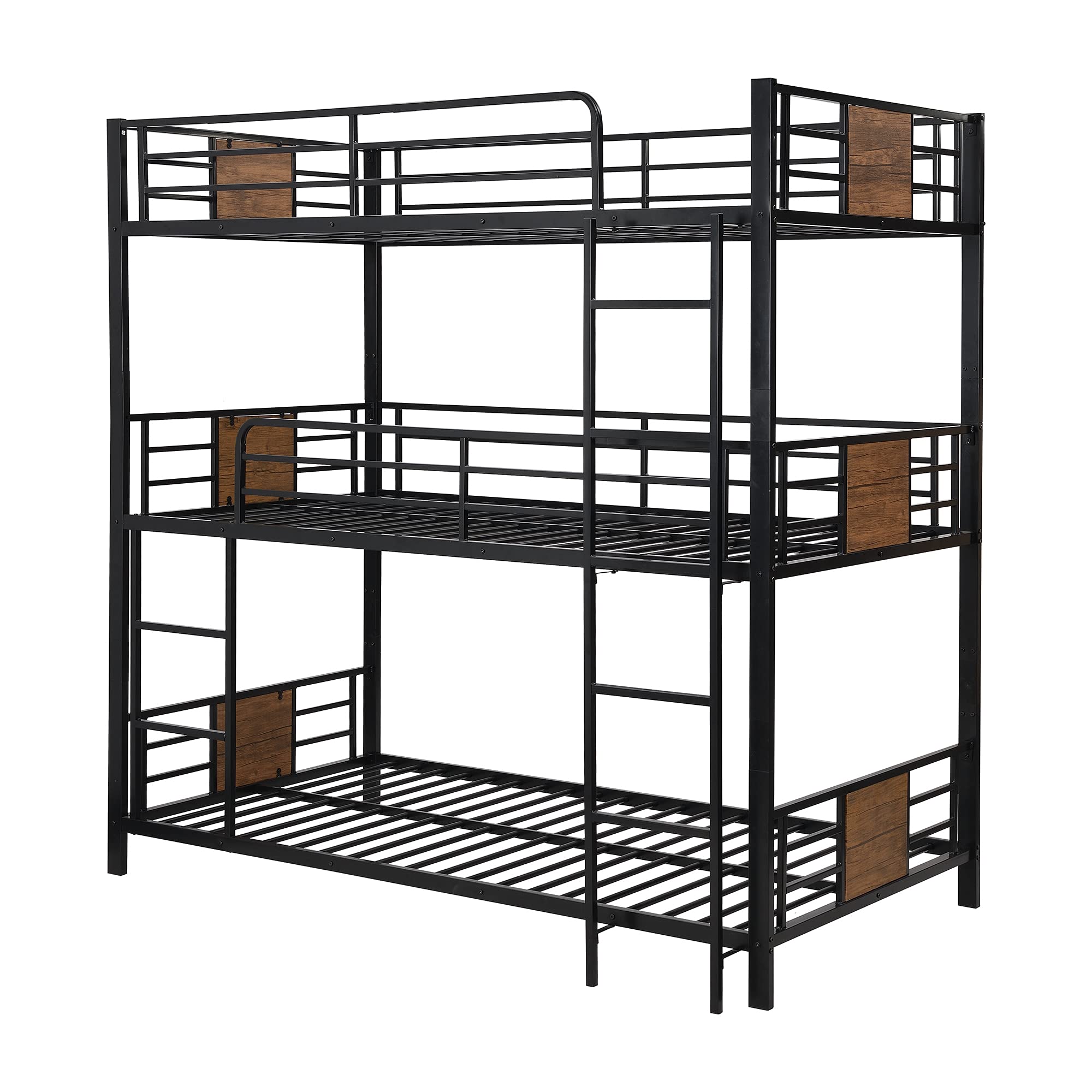 Sturdy Metal Triple Bunk Bed Frame - Twin Over Twin Over Twin with Safety Guardrails & Built-in Ladder - Space-Saving Solution for Kids & Teens (Black/Brown/Steel) - Perfect for Dorms, Hostels, and Shared Kids' Rooms