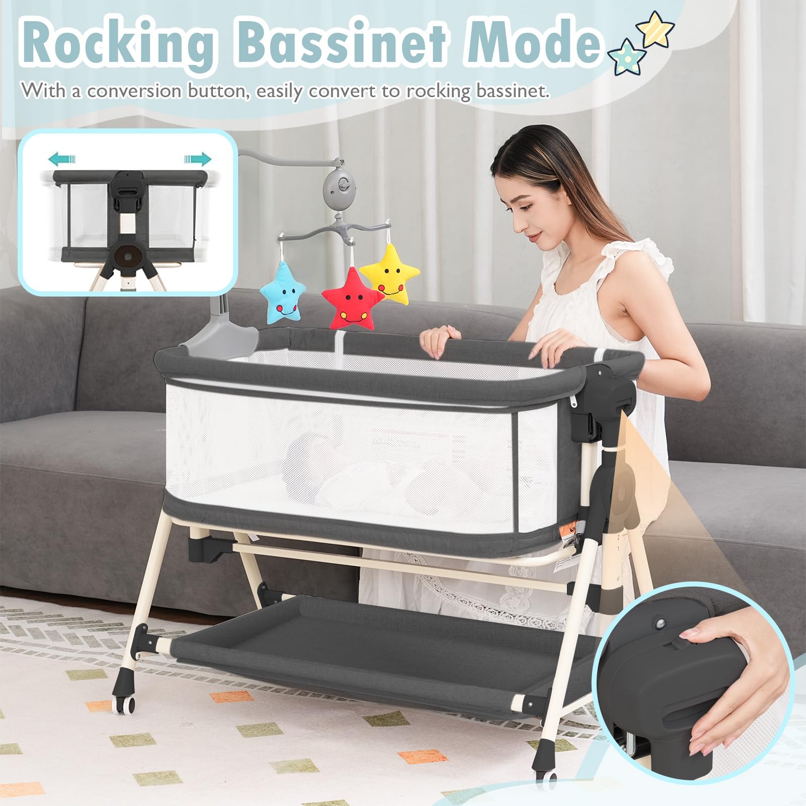 **3-in-1 Adjustable Baby Bassinet with Musical Toys, Storage Basket & Wheels – Portable Rocking Crib for Newborns – Bedside Sleeper for Nursery & Travel (Black)**    *(Perfect for Co-Sleeping, Nighttime Feeding & On-the-Go Parents)*