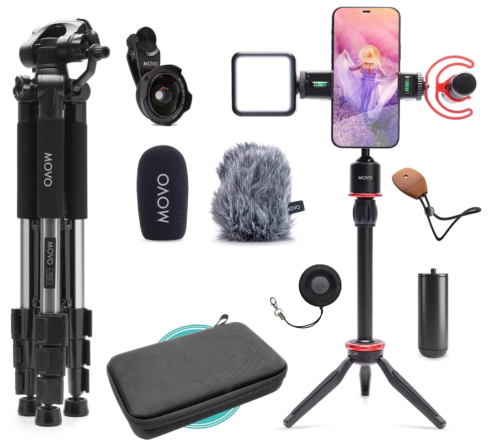 MOVO iVlog1 Smartphone Vlogging Kit - Supercardioid Mic, Mini & Full-Size Tripods, LED Light, Wide-Angle Lens for iPhone/Android - Perfect for YouTube, TikTok, Travel & Live Streaming