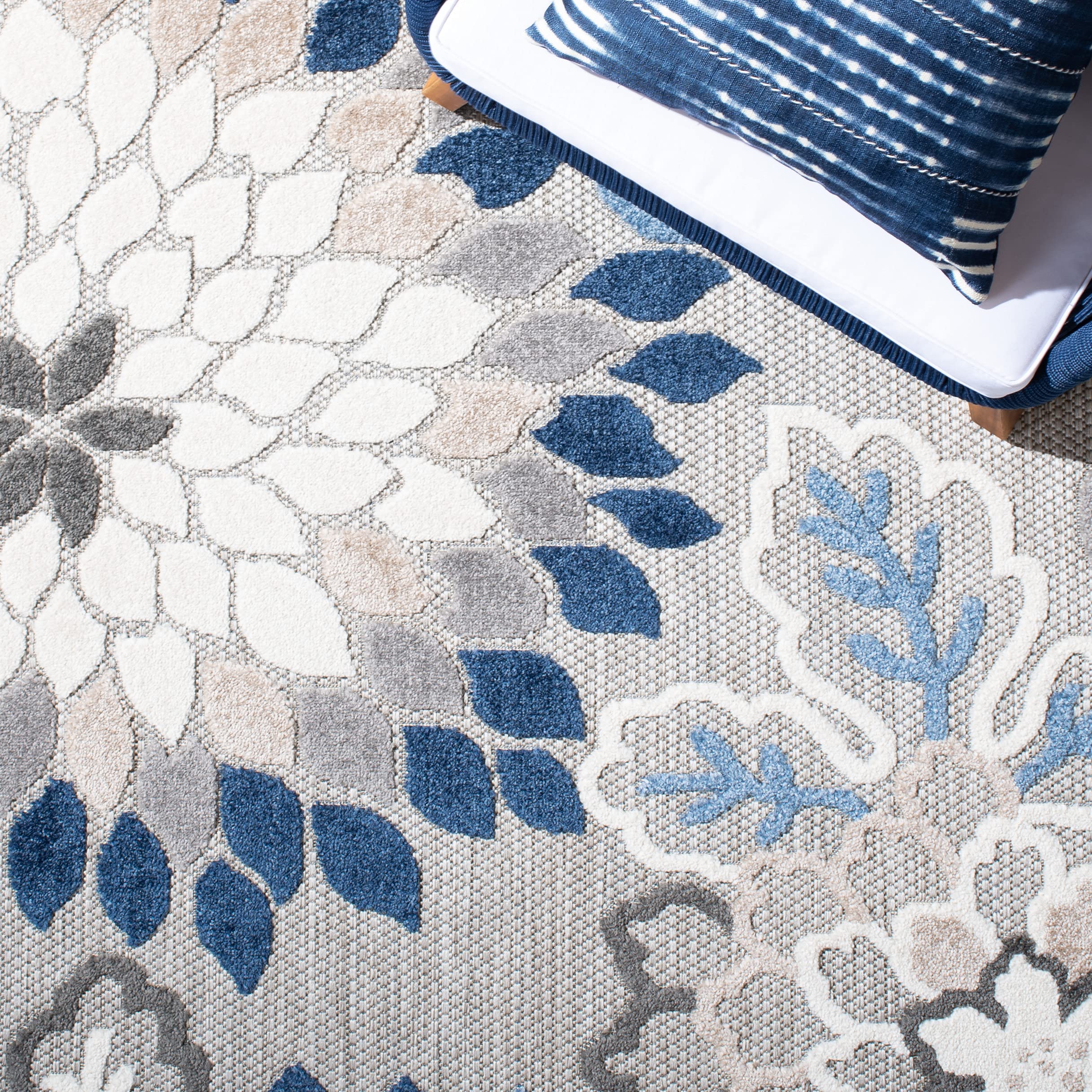SAFAVIEH Cabana Collection 8' x 10' Grey & Blue Floral Indoor Outdoor Area Rug - Non-Shedding, Washable, Easy Care - Perfect for Patio, Backyard, Mudroom, Living Room & Bedroom (CBN391F)