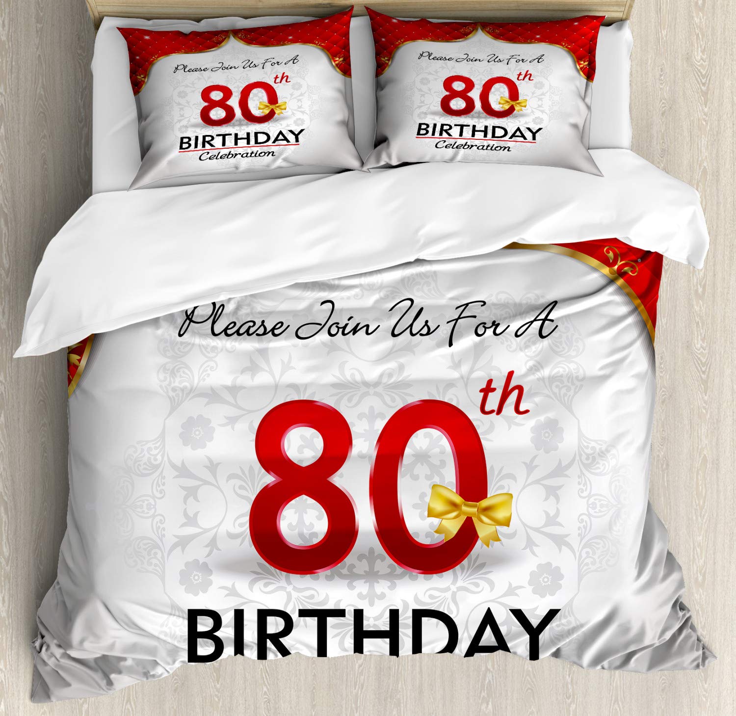 Ambesonne 80th Birthday Duvet Cover Set - California King Size 3-Piece Bedding with Abstract Floral Design & 2 Pillow Shams - Perfect for Elderly Birthday Party Decorations & Guest Room Styling