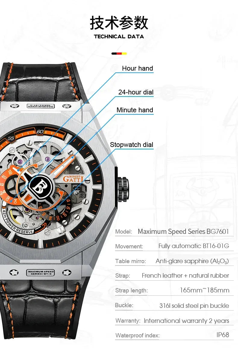 BONEST GATTI Men's Automatic Luxury Mechanical Watch with Hollow Out Dial, 50M Waterproof, Luminous Hands, Sapphire Glass & Leather Strap - Perfect for Business, Formal Events & Everyday Wear