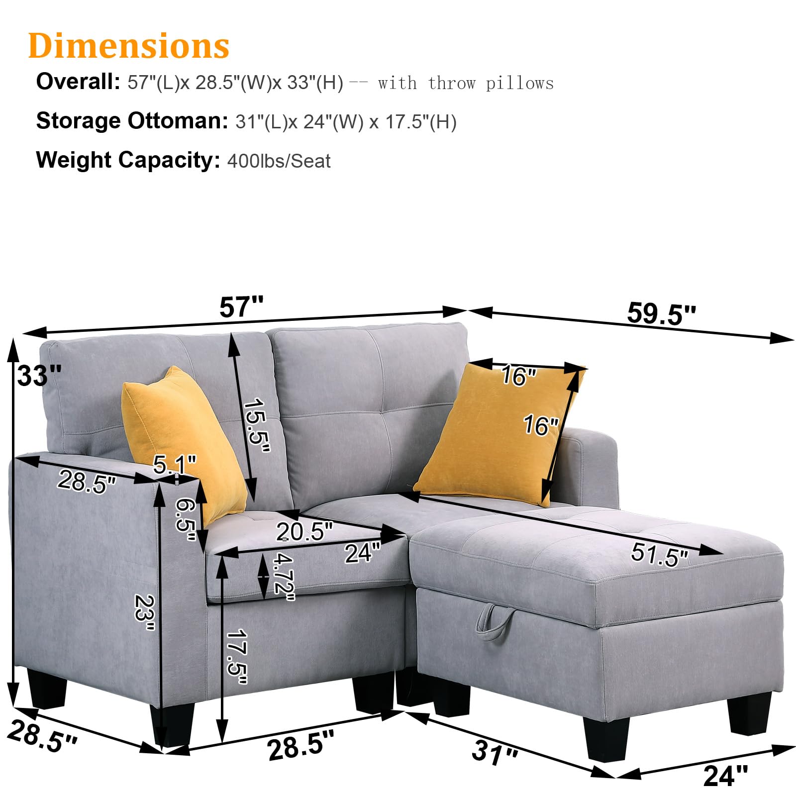 Modular Velvet Loveseat Sofa with Storage Ottoman & Removable Covers - Convertible L-Shape Sectional Couch for Small Spaces, Living Room & Bedroom - Perfect for Apartments, Dorms & Cozy Home Decor
