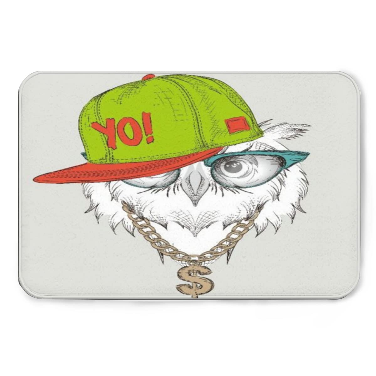 24x36 Inch Owl Portrait in Hip Hop Hat Poster - Soft Flannel Fabric Non-Slip Absorbent Floor Mat for Kitchen, Shower, Game Room & Pet Area - Multi-Purpose Door Mat for Home Decor
