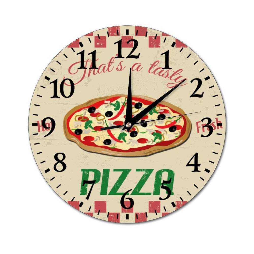 Pizza Round Glass Wall Clock - Retro Kitchen & Office Wall Decor - Vintage Hanging Clock for Home Decor | Perfect for Pizza Restaurants, Game Rooms & Italian-Themed Spaces