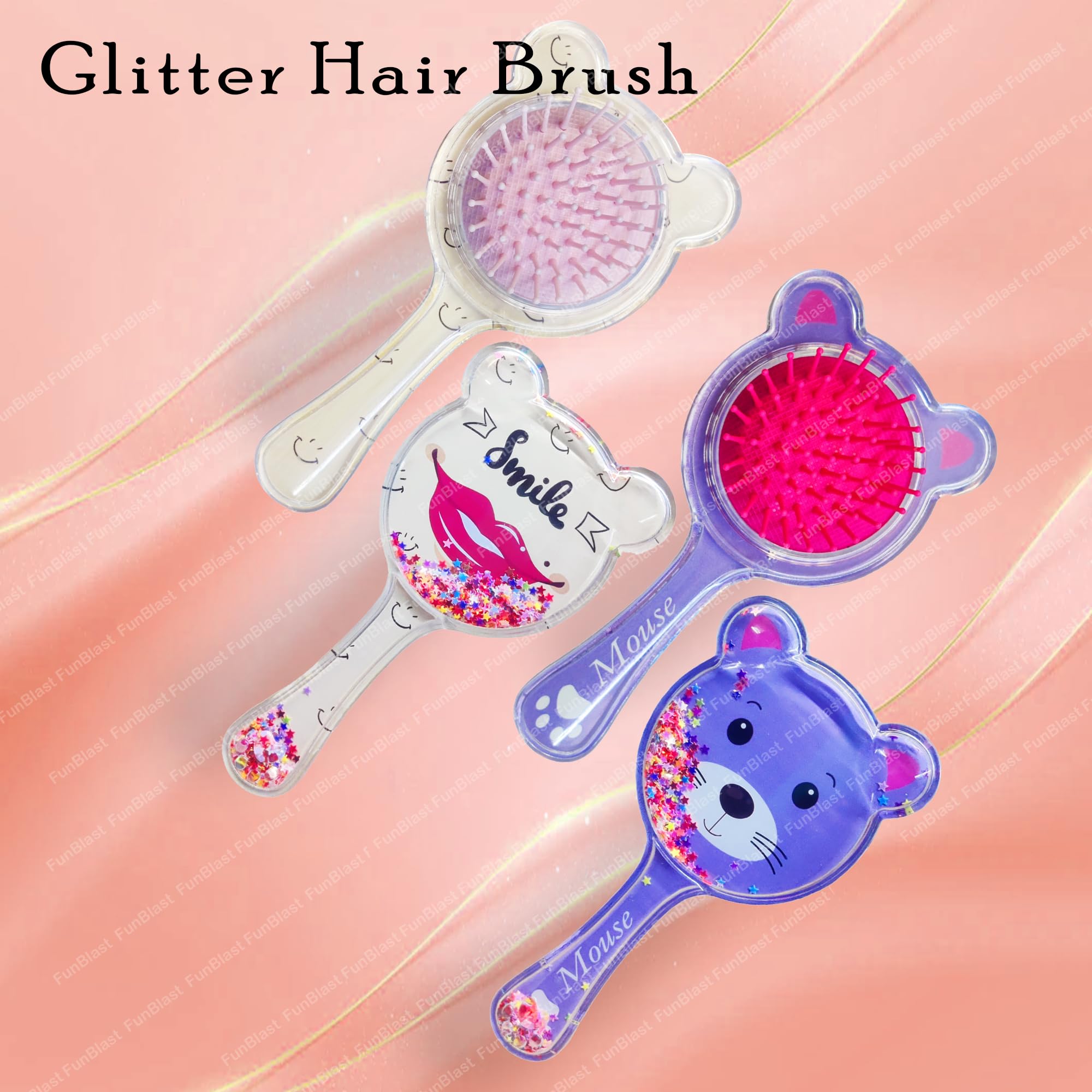 FunBlast 2-Pack Bear Shaped Hair Combs for Girls - Soft Bristle Glitter Hairbrush with Massage Tips, Cute 3D Animal Design Kids Hair Brush (Random Colors) - Perfect for School, Travel & Daily Hair Care
